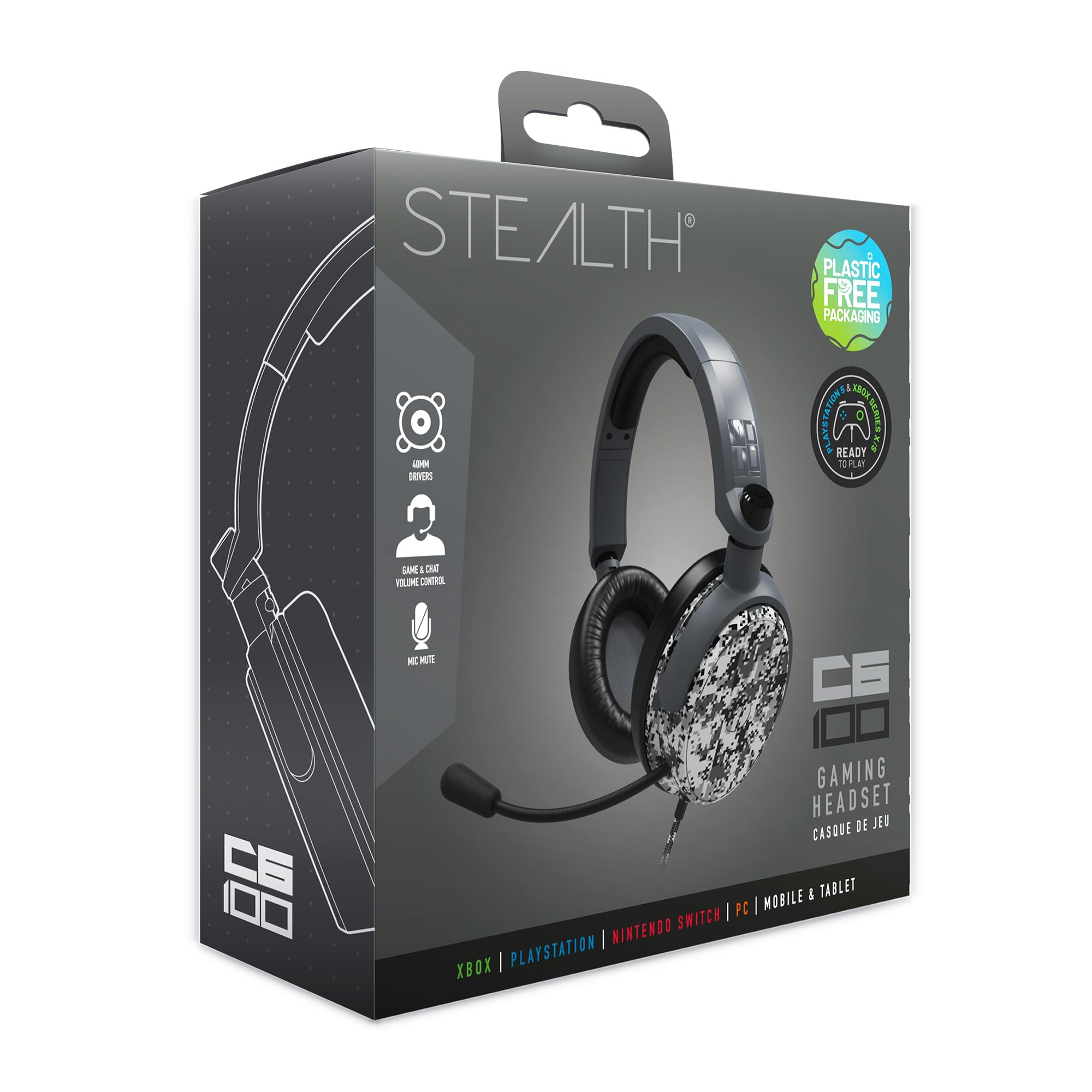 Stealth C6-100 Gaming Headset Urban Grey Digital Camo, Multi-Plattform kompatibel mit XBox One, Serie S/X, PS4/5, Handy und Tablet mit leistungsstarken 40-mm-Lautsprechern, 3.5-mm-Klinkenstecker