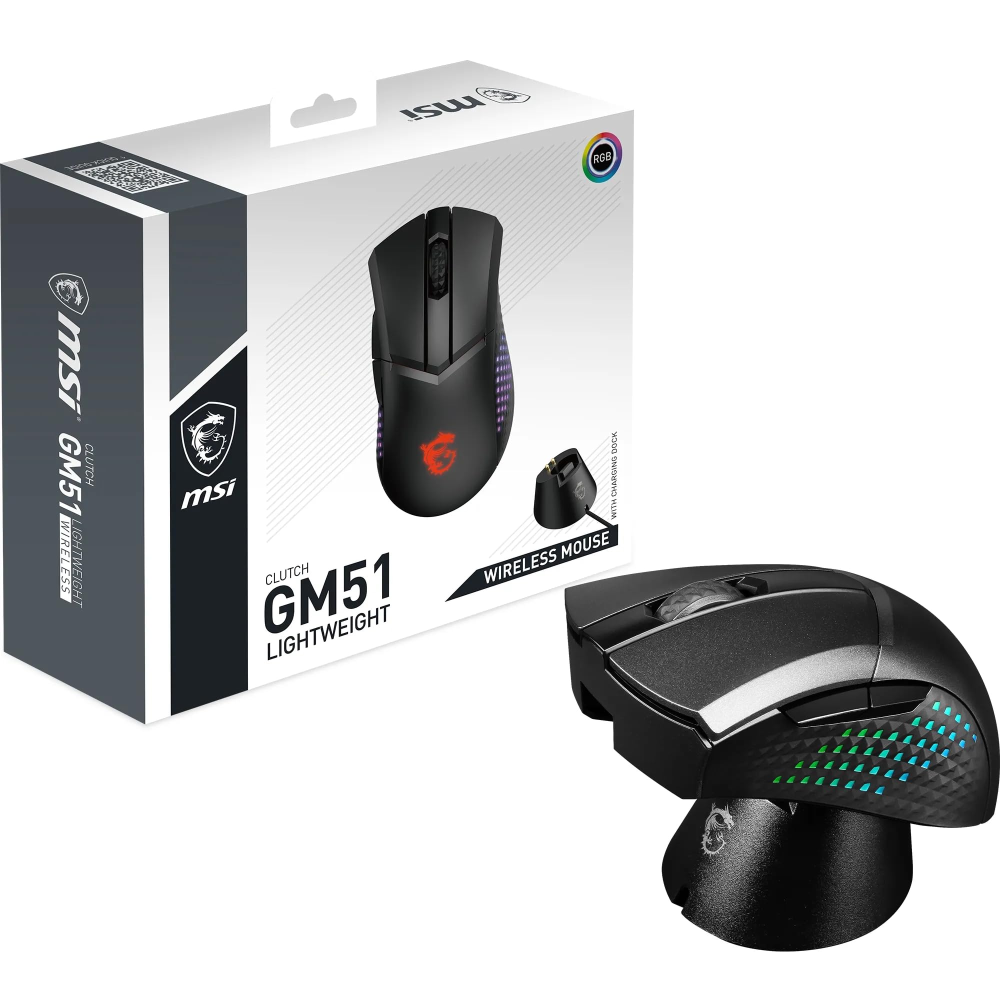 MSI Clutch GM51 Lightweight Wireless Gaming Maus - 26.000 DPI Optischer Sensor, 650 IPS, symmetrisch, 60Mio+ Click OMRON-Switches, 1000Hz Abtastrate, 1ms Latenz, RGB Mystic Light, 85g, kabellos