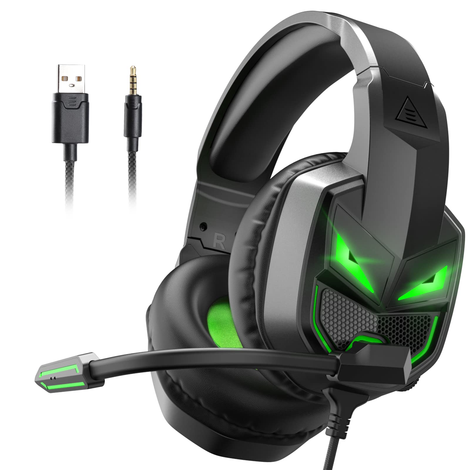 EKSA Gaming Headset Kabelgebunden, Headset mit Mikrofon für PS4, 3.5mm Klinke Kabel, 3D Surround Sound Kopfhörer mit Noise Cancelling Mic, Grünes Licht für PS5 Xbox PC Mac Laptop,Bequem，Fenrir Serie
