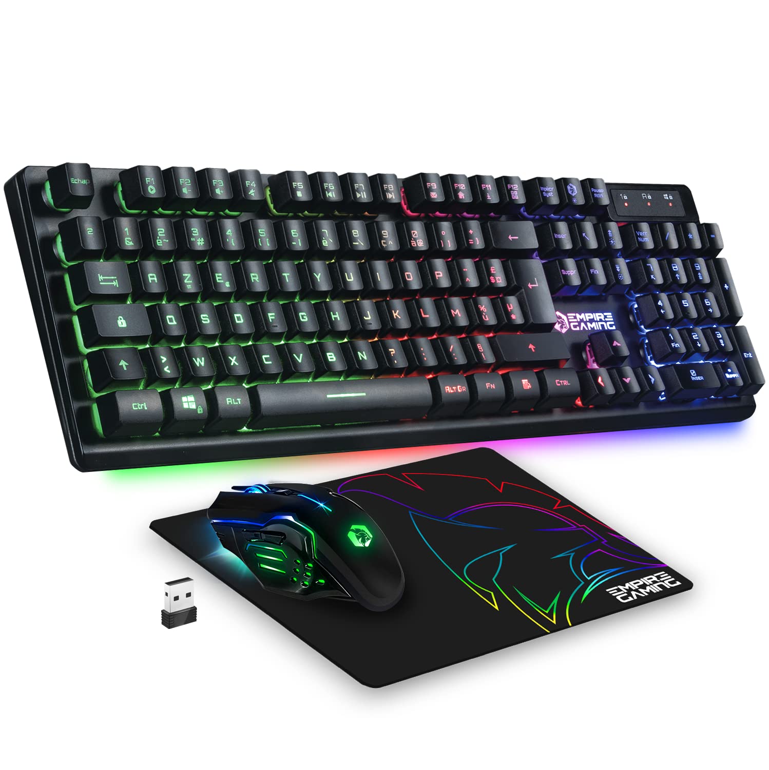 Empire Gaming - Armor RF800 Pack Clavier Souris Gaming Sans Fil Wireless AZERTY (FR Layout) RGB Rechargeable Avec Tapis de Souris -Clavier 2.4G -Souris 4800 DPI -PC PS4 PS5 Xbox One/Series Mac