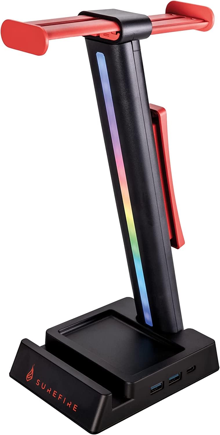 SureFire Vinson N2 Multifunktions-Headset-Ständer Schwarz, Halter für 2 Gaming Kopfhörer, Headset Stand mit RGB Beleuchtung & USB-Hub (USB-A + USB-C + 3,5mm Audio), 28cm Halterung