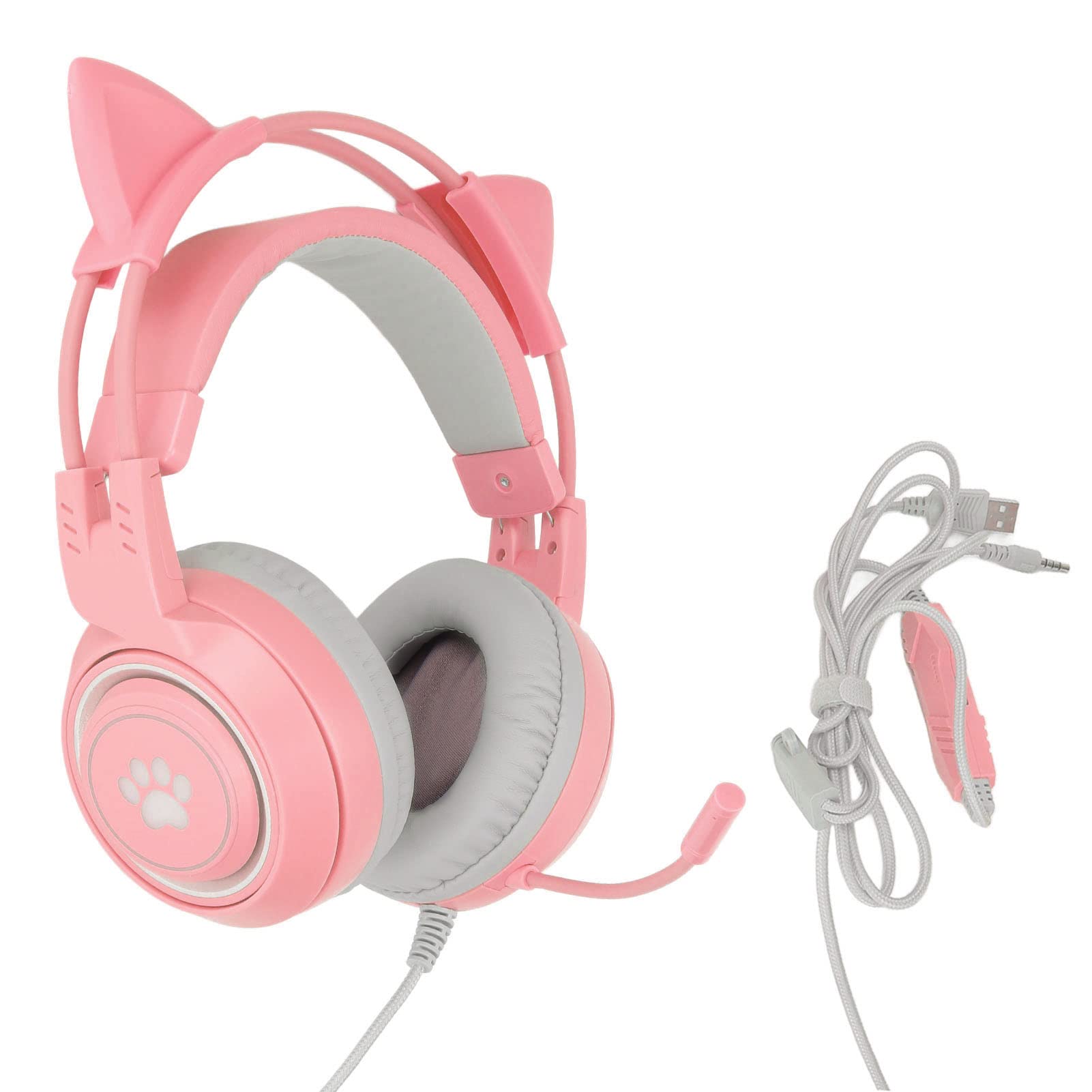 Yoidesu Cat-Ear-Gaming-Headset, USB-Gaming-Kopfhörer, Cat-Ear-Gaming-Kopfhörer USB und 3,5-mm-Stecker-Gaming-Kopfhörer Unterstützt Lautstärkeanpassung, Mikrofon-Stummschaltung(Rosa)