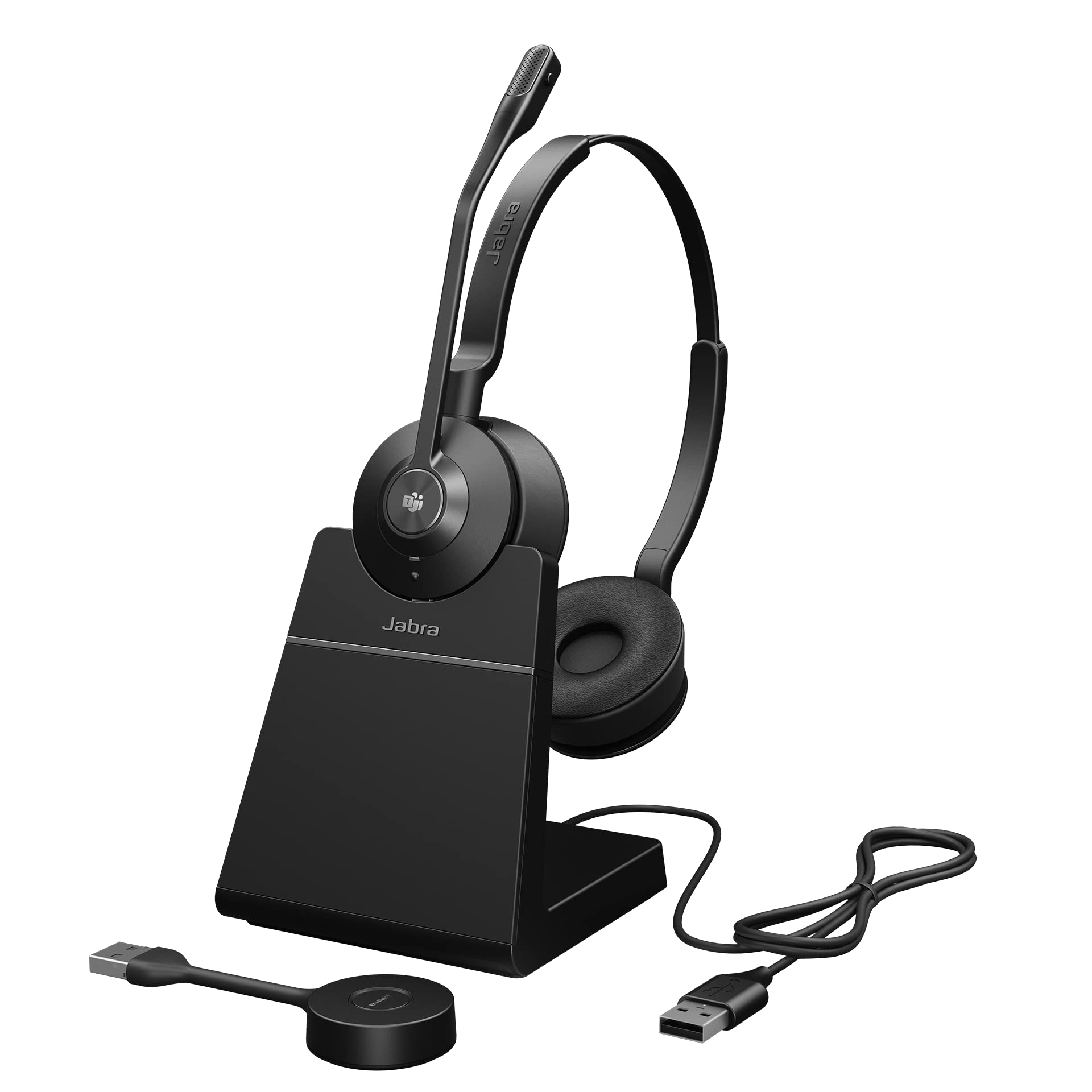 Jabra Engage 55 Schnurloses Stereo-Headset mit Link 400 USB-A DECT-Adapter - Mikrofon mit Geräuschunterdrückung, umfangreiche Reichweite und Ladestation - Für MS Teams Zertifiziert - Schwarz