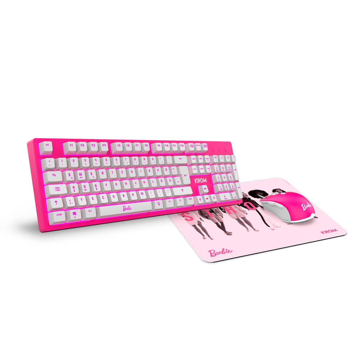 KROM Kit Tastatur, -Maus und -Mausunterlage Barbie Edition KANDY - Weiße LED-Membrantastatur, Maus optischem Sensor 6400 DPI, Mause-Matte hat eine Gummibasis, Deutsch layout, pink