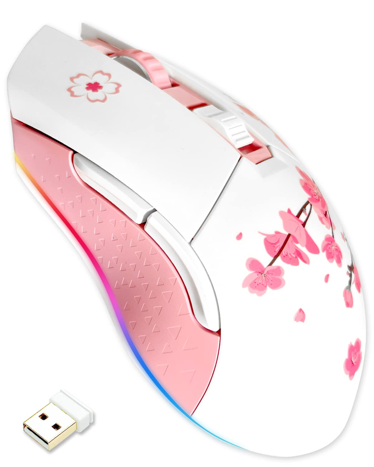 DAREU Sakura Pink Wireless Wired Gaming Mouse, Dual-Mode Wiederaufladbar, 6 Programmierbare Tasten, 10K DPI, RGB und 7 Einstellbare DPI-Stufen bis zu [150 IPS] [1000 Hz Abtastrate] für PC/Mac