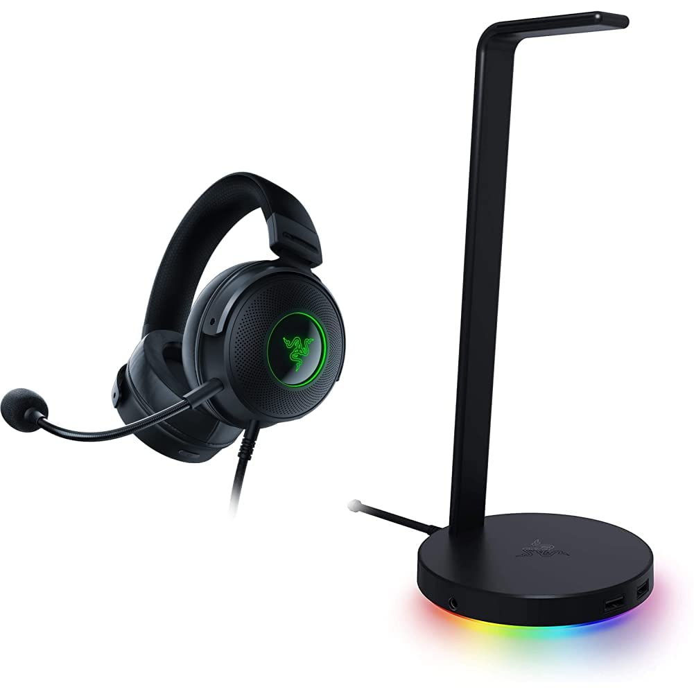 Razer Kraken V3 HyperSense - Kabelgebundenes USB-Gaming-Headset mit haptischer Technologie Schwarz & Base Station V2 Chroma - Headset-Ständer mit USB-Hub und RGB-Beleuchtung Schwarz