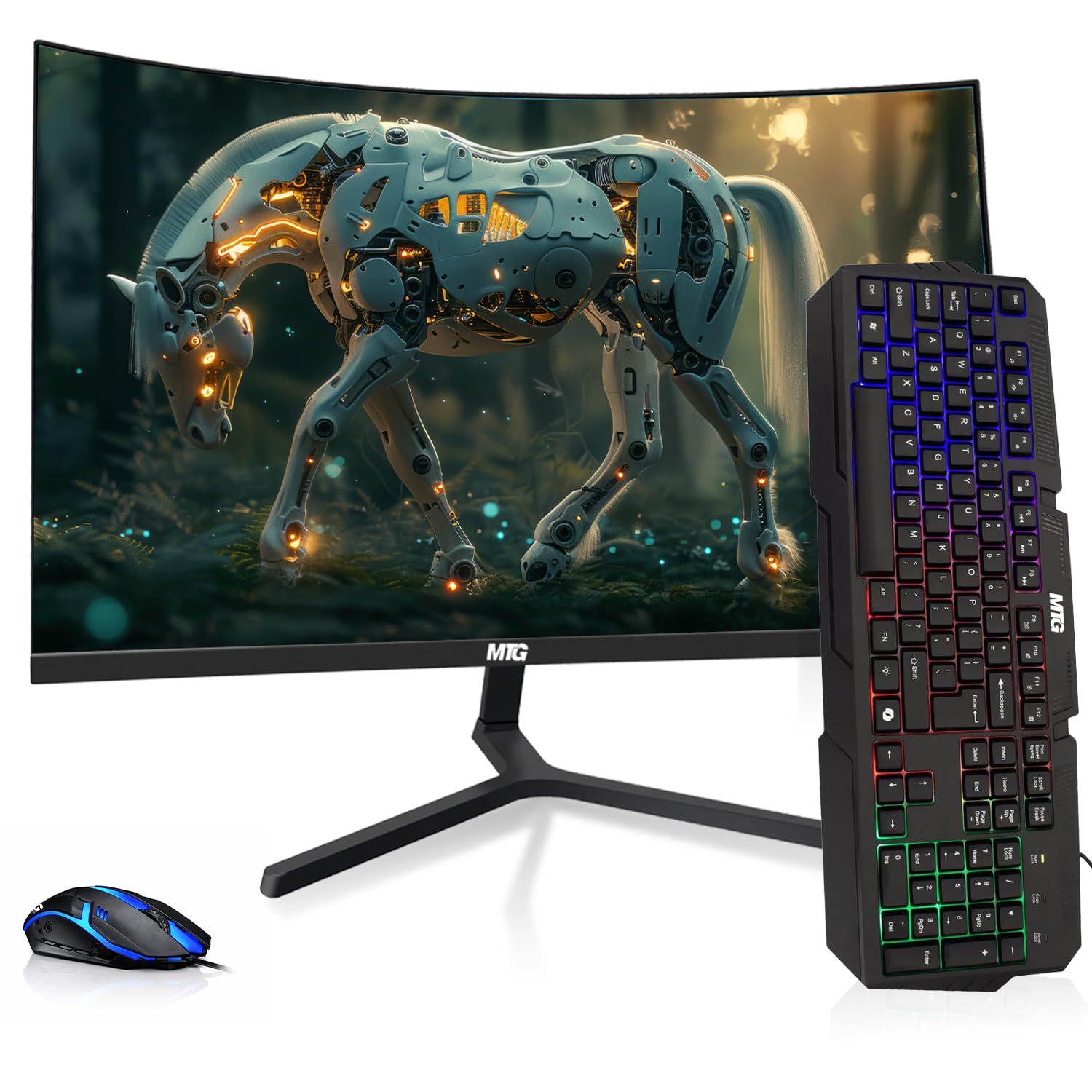 MTG 61.0 cm Curved Gaming Monitor - Full HD 1080P, rahmenloses Design, Low Motion Unschärfe, VESA-Halterung, HDMI/DP/Audio/USB-Ports, mit Webcam und RGB-Tastatur und Maus Combo für Zuhause und Büro