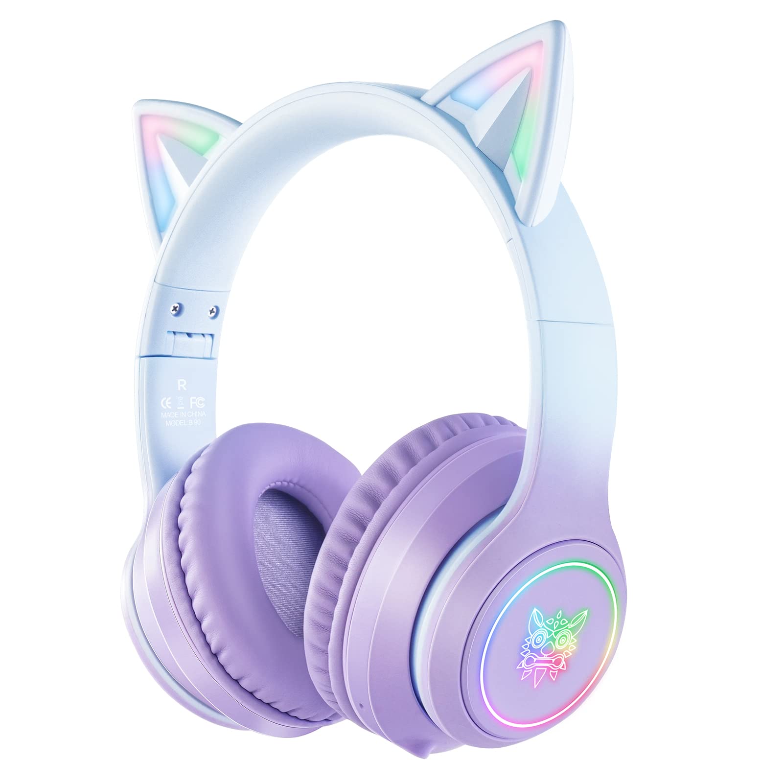 Bluetooth-Katzenohr-Kopfhörer für Kinder, kabelloser & kabelgebundener Modus, faltbares Headset mit Mikrofon, RGB-LED-Licht, für Mädchen, Schule, Gaming, kompatibel mit Handys, PC, Tablet