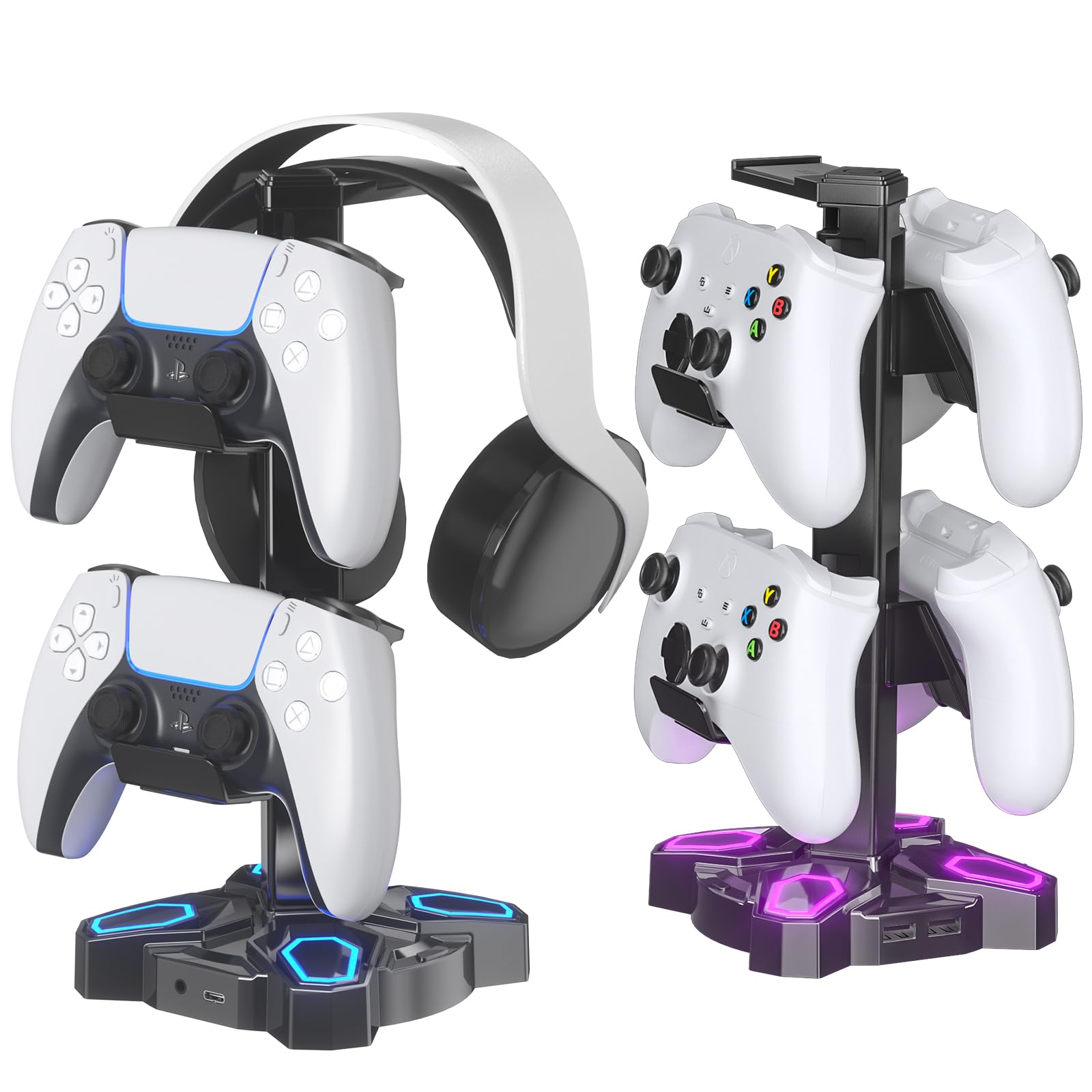 KDD Gaming Headset Halterung LED mit USB Typ-C Ladegeräten, Universal Kopfhörer Halter & Controller Halter mit 9 Lichtmodi, Drehbare Headset Ständer mit 3,5mm AUX für Alle Kopfhörer PS4 Xbox(Schwarz)