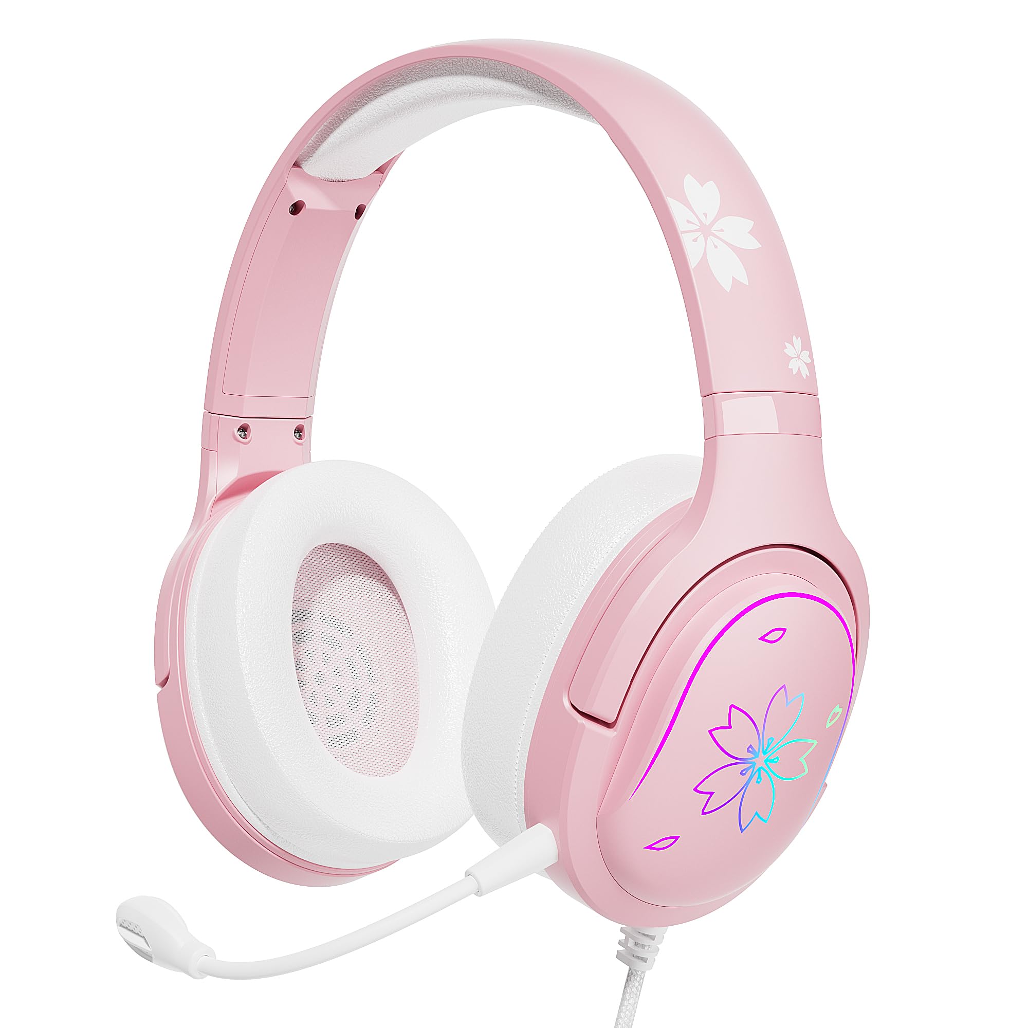 Mytrix Rosa Sakura Gaming Headset mit RGB-Optik, Over Ear Kopfhörer mit Mikrofon und Kabel für PC, ipad, Handy und Spielkonsole, komme mit Lautstärkeregler, Leicht