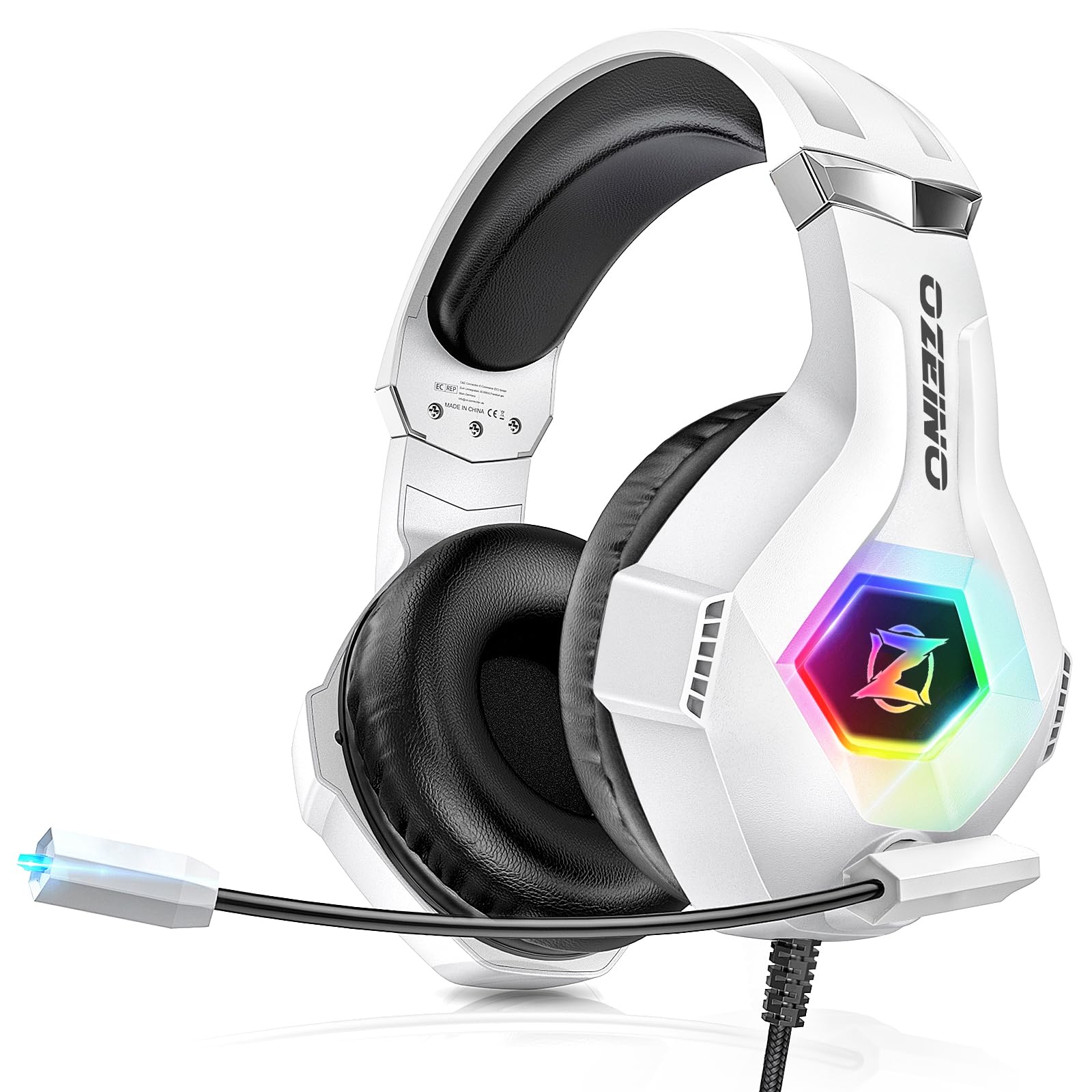 Ozeino Gaming-Headset für PS5, PC, PS4, RGB in 7 Farben, 50-mm-Treiber, Stereo, Bass, Mikrofon mit Geräuschunterdrückung, verstellbar, kompatibel mit Switch, Xbox Series X und S, Weiß