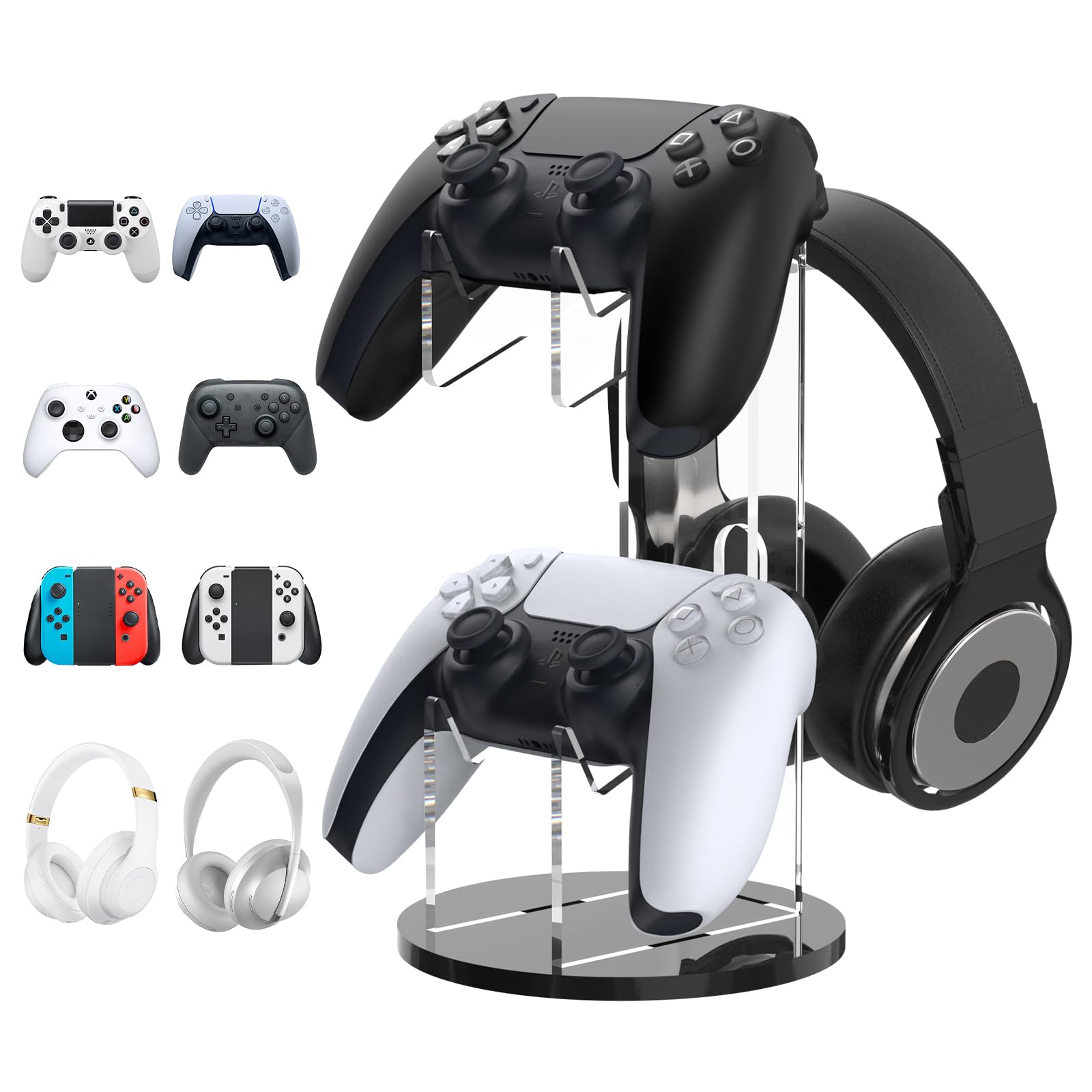 MoKo Game Controller Halter/Headset Ständer, 2 In 1 Acryl Universalhalterung für Switch/Switch 2 PS4 PS5 Xbox One Xbox Series Halterung Gaming Zubehör, Controller Kopfhörer Halterung, Schwarz&Klar