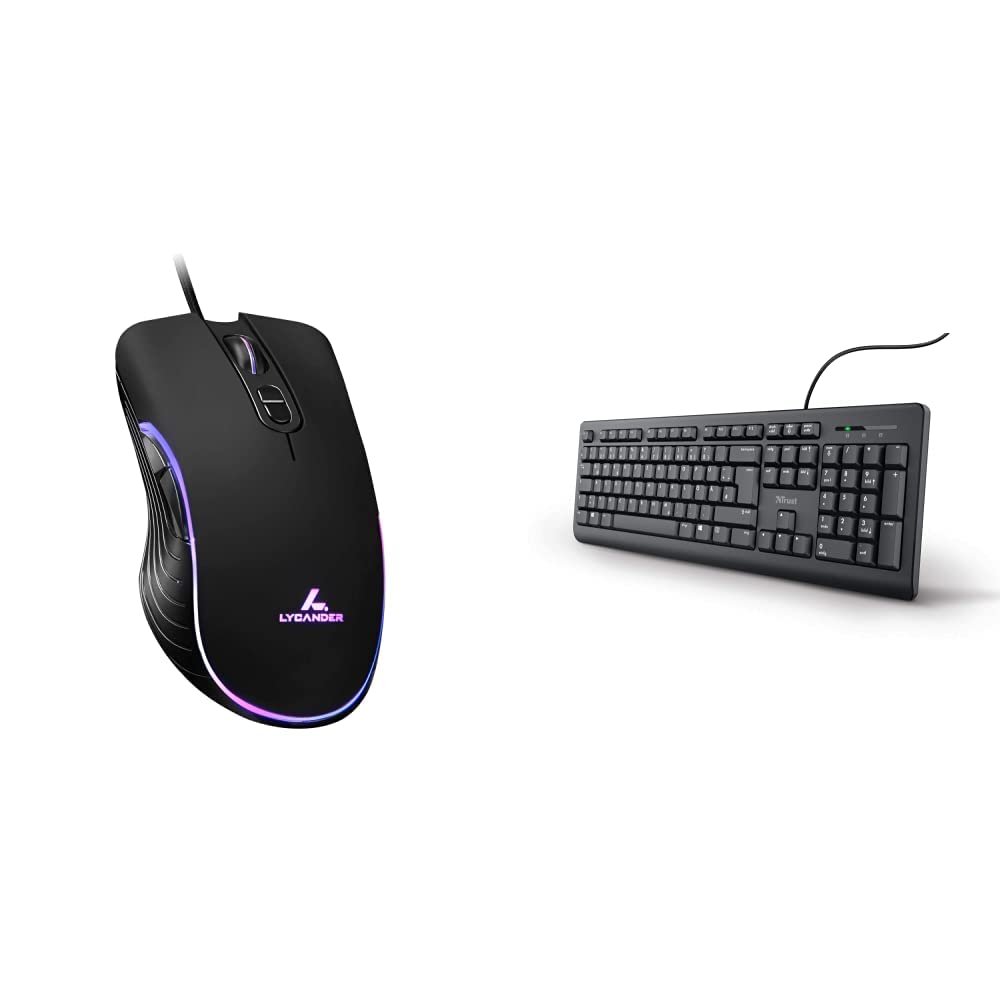 LYCANDER LMC380 Gaming-Maus, kabelgebunden, 1, 5 m Kabel & Trust 24092 Taro Kabelgebundene Tastatur, Deutsches QWERTZ Layout, Leise Tasten, Spritzwassergeschützt, Schwarz