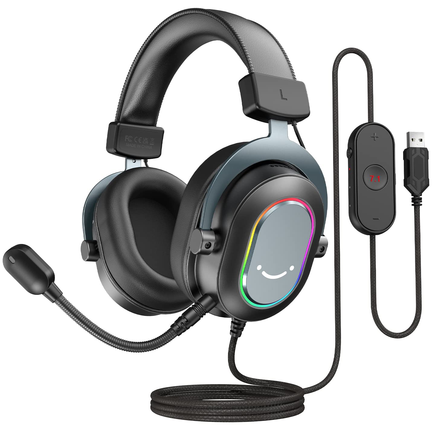 FIFINE Gaming Headset mit Mikrofon, Over Ear Kopfhörer mit Kabel, USB Headset für PC PS4 PS5, RGB Headphone mit 3 EQ-Modi, Surround Sound und Ohrpolster