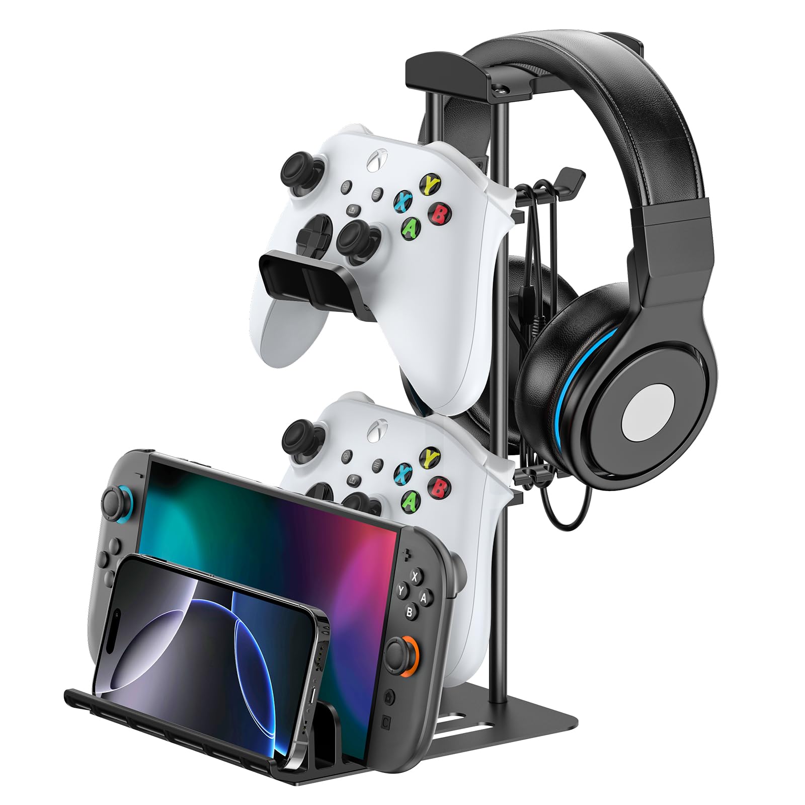 KDD Gaming Kopfhörer Ständer, Headset Halterung Tisch & Controller Halter, Headset Ständer mit Aluminium-Stange, Universaler Headphone Stand für Controller Switch iPad Handy PC Gaming Zubehör(Schwarz)