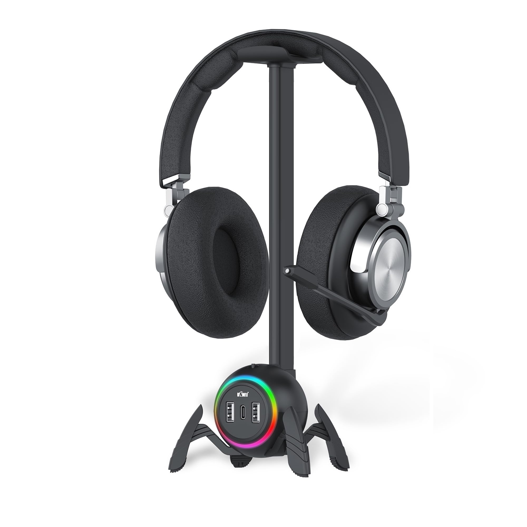 KIWIFOTOS Gaming-Kopfhörerständer mit 2 USB-Anschlüssen, PC-Gaming-Zubehör mit RGB-Licht für Spielzimmer, Headset-Halterung für Gamer, Schwarz