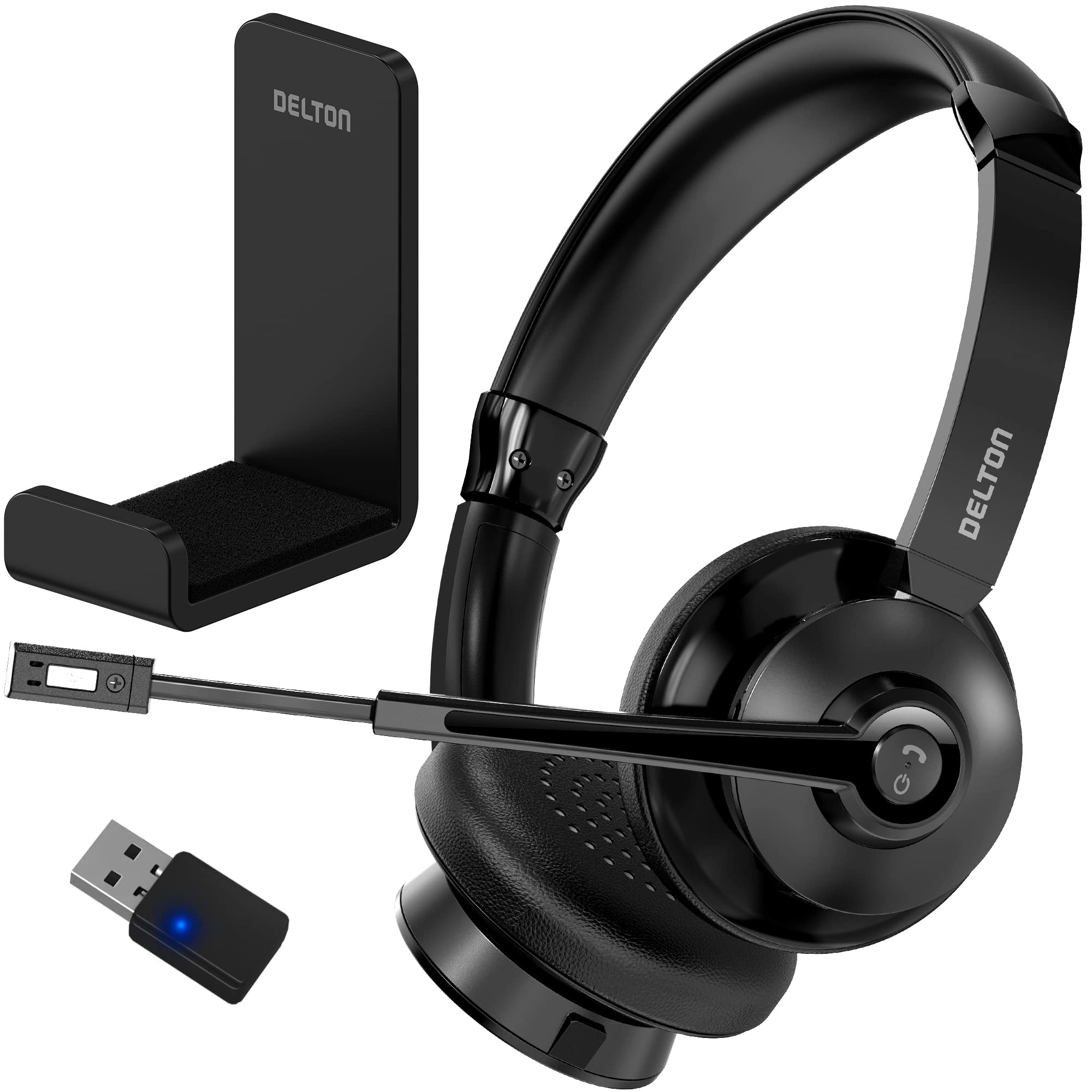 Delton Bluetooth-Computer-Headset mit Mikrofon mit Geräuschunterdrückung, HiFi-Stereo-Sound, Headset-Ständer und Auto-Pair-USB-Dongle für PC, Laptop, MacBook und kompatibel mit MS Team, Google Meet