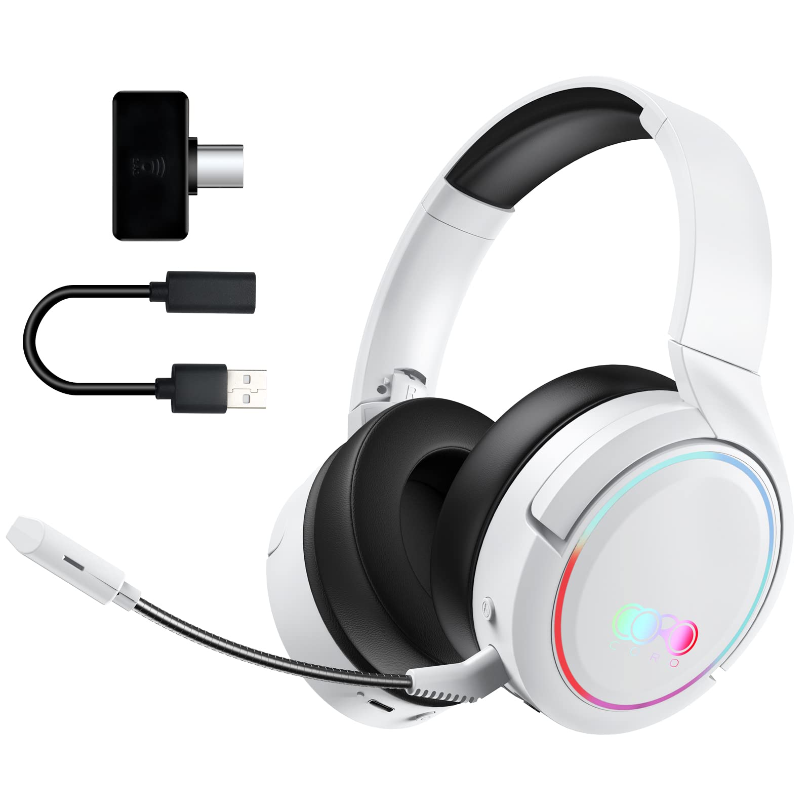 Kabelloses Gaming-Headset, Bluetooth Kopfhörer mit Mikrofon, 2,4 GHz Wireless Headphones Over-Ear Kopfhörer Surround Sound, Ultraniedrige Latenz für PS4, PS5, Switch, Xbox, PC, Laptop -Weiß
