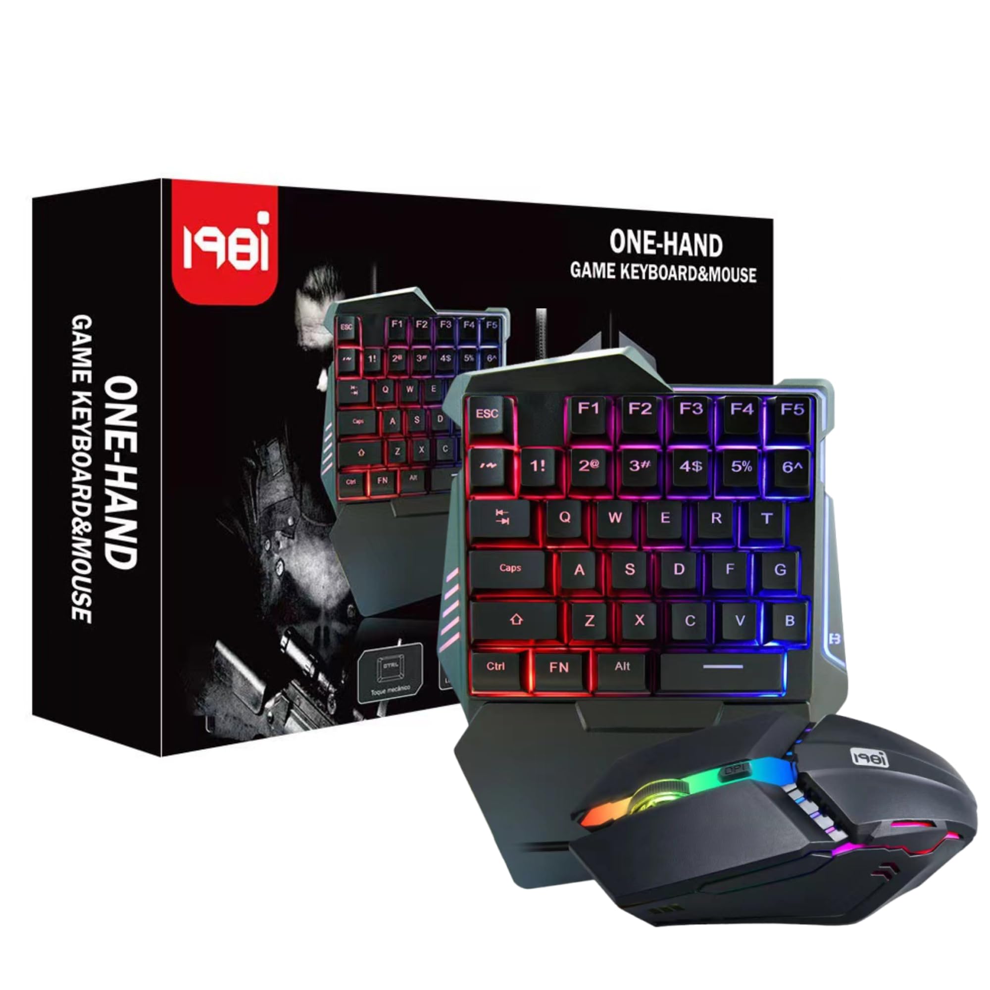 Einhand Gaming Tastatur und Maus Kombination, 35 Tasten, RGB Hintergrundbeleuchtung, Mechanische Einhand Tastatur mit Handballenauflage, Gaming Maus, Tragbare Spieltastatur und Mäuse