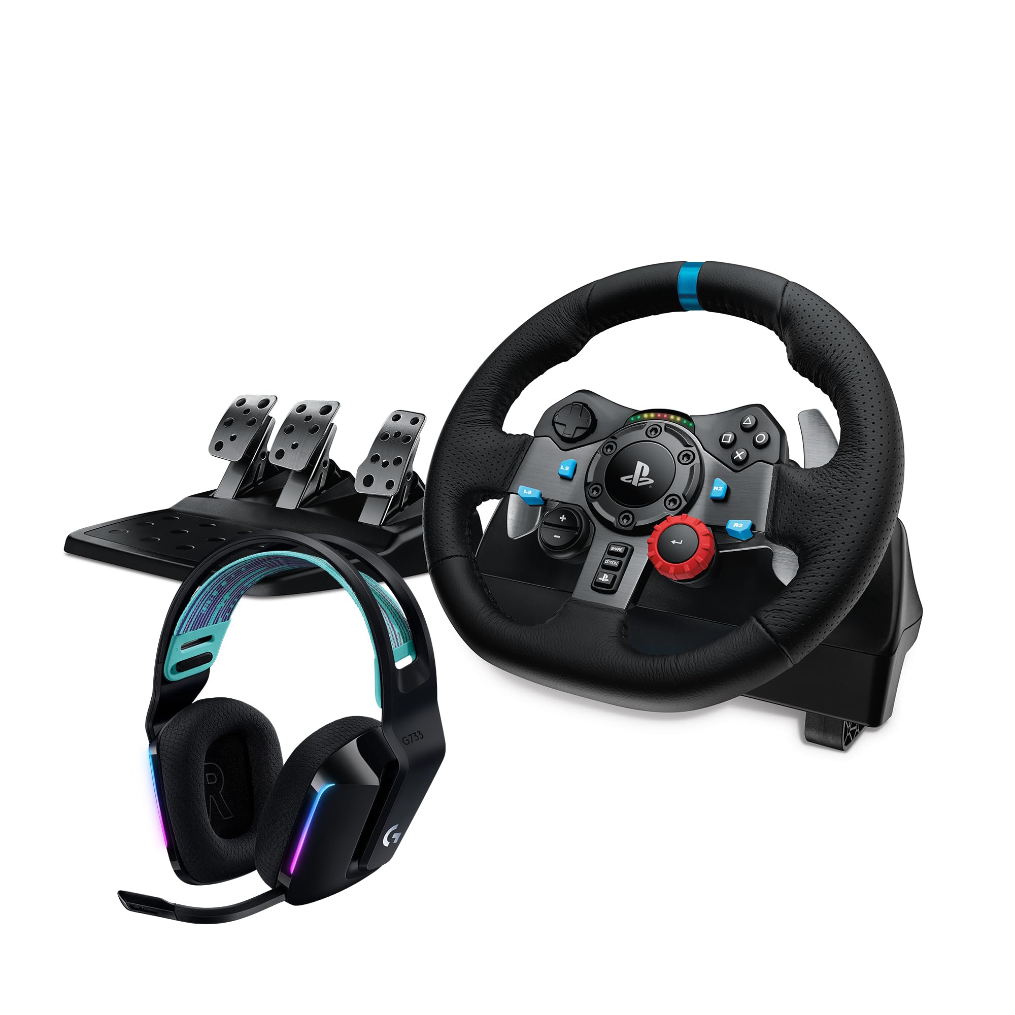 Logitech G29 Driving Force Gaming Rennlenkrad, Zweimotoriges Force Feedback, 900° Lenkbereich, Verstellbare Edelstahl Bodenpedale, für PS5, PS4, Mac - Schwarz + LIGHTSPEED kabelloses Gaming-Headset