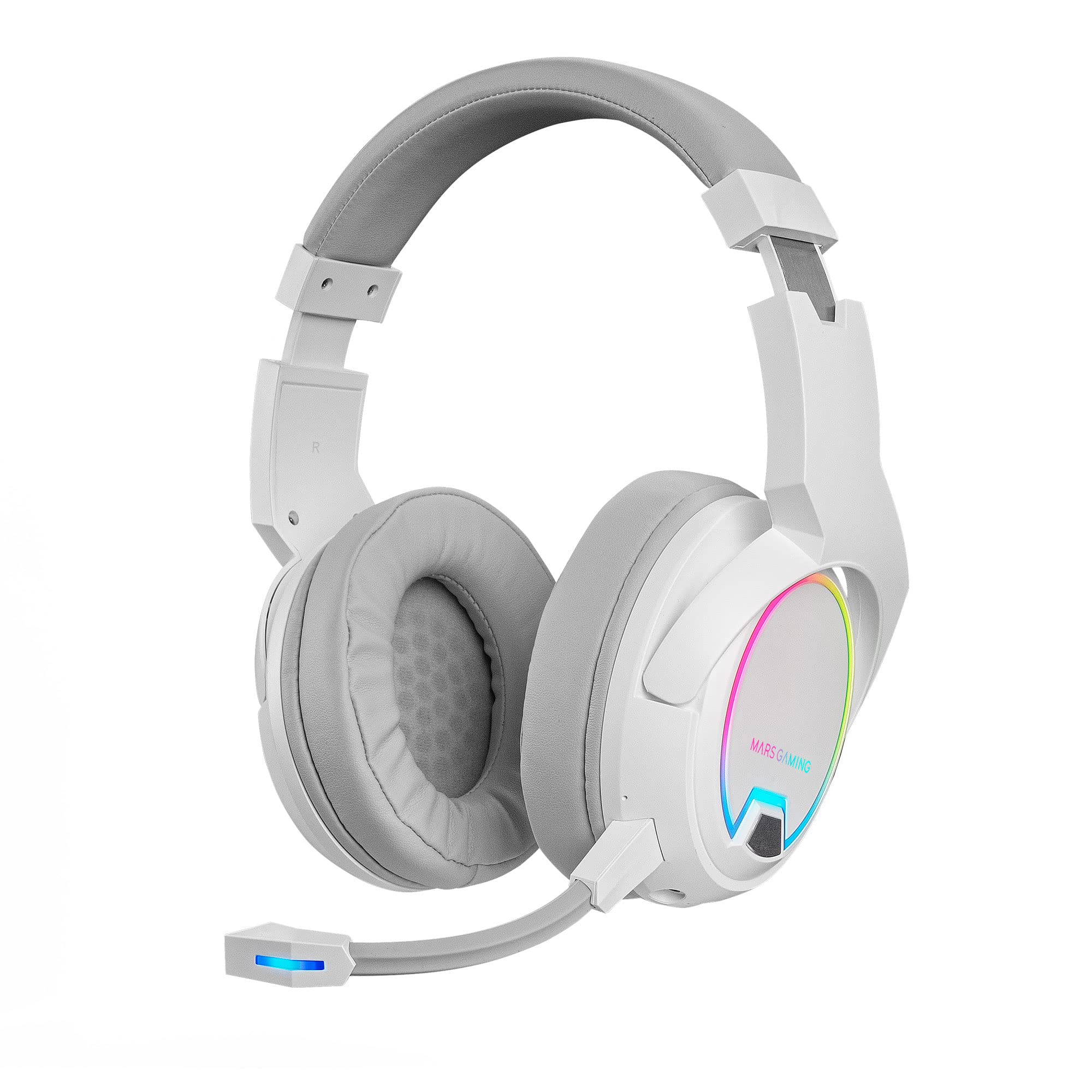 Mars Gaming MHW-100, Kabelloses ARGB Flow Headset, Abnehmbares ENC-Mikrofon, Passive Geräuschunterdrückung ENC, Windows/PS4/PS5/XBOX ONE/Xbox Series X|S/Mac/Switch/Switch 2/Smartphone/Tablet, Weiß
