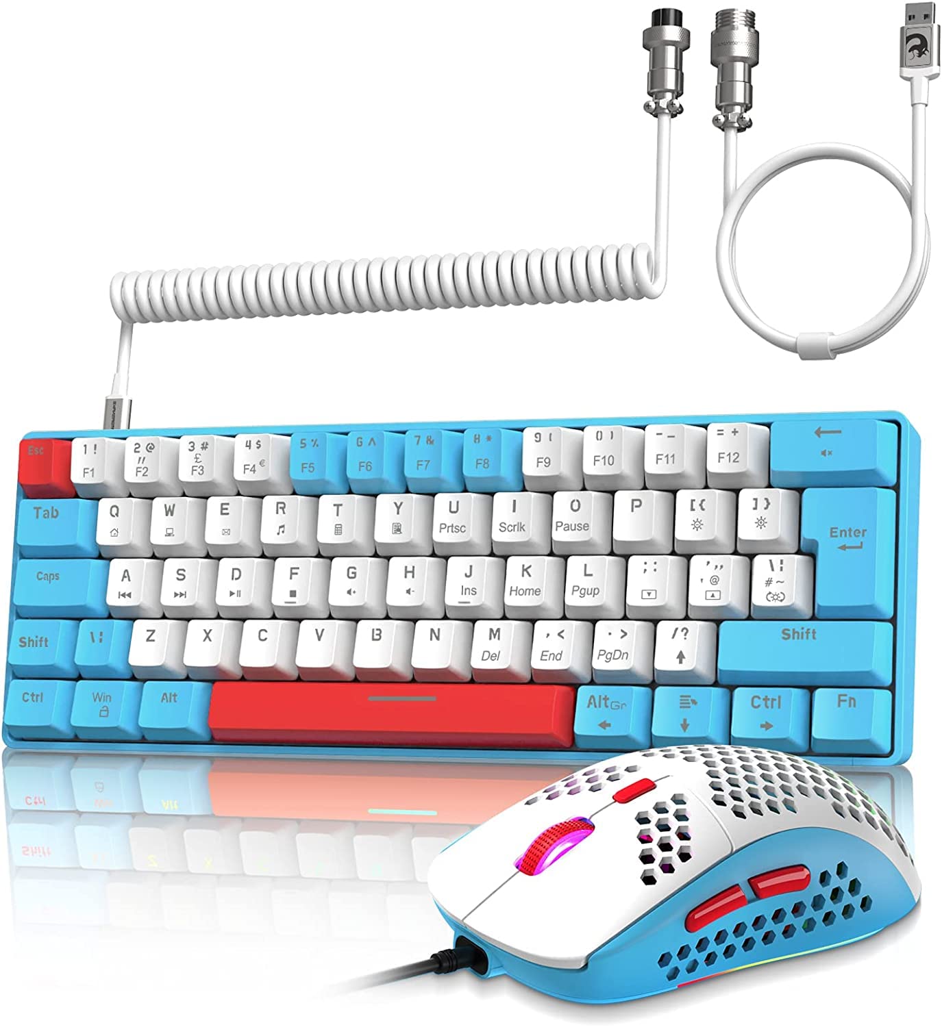 ZIYOU LANG Wired Gaming-Tastatur und Maus Combo mit Spiral USB-C Kabel T60 Pro - Kompakt 60% UK Layout(QWERTY) Mechanische Tastatur Linear Red Switch, 6400DPI Ultra-Light RGB Mäuse für PC/Mac - Blau