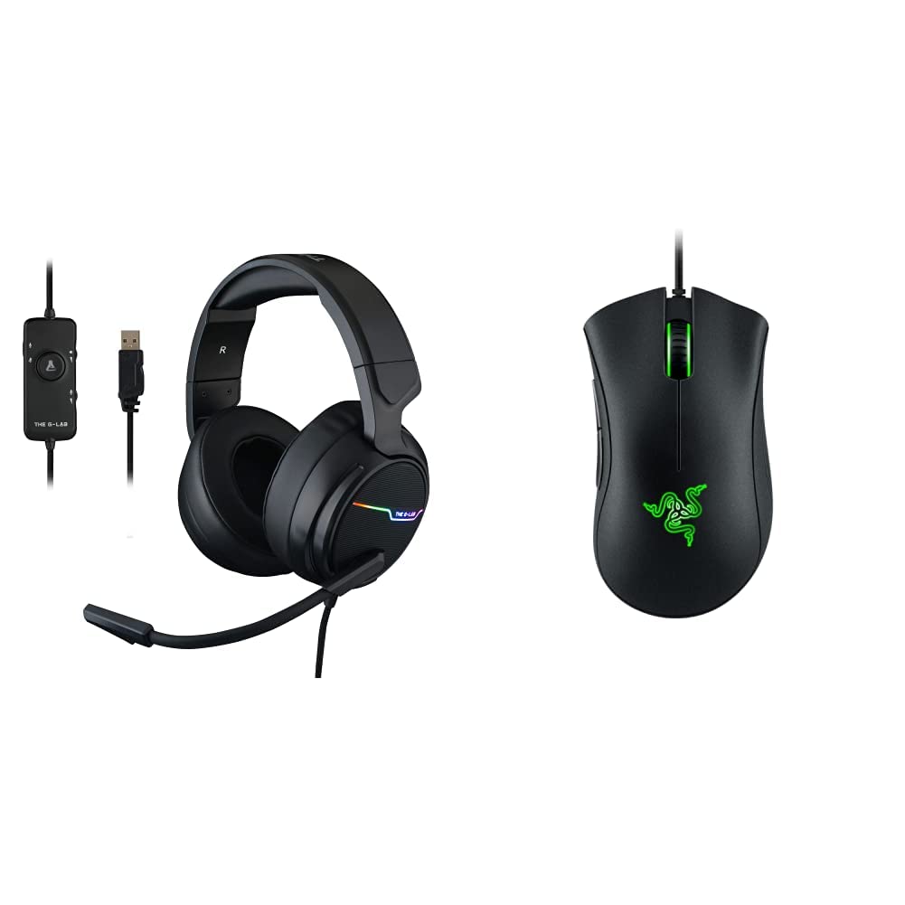 The G-LAB Korp Thallium Gaming-Kopfhörer, USB, 7.1, Digital Surround - Headset für Gamer (Schwarz) & Razer DeathAdder Essential (2021) - Essentielle Gaming-Maus mit optischem 6.400-DPI-Sensor Schwarz