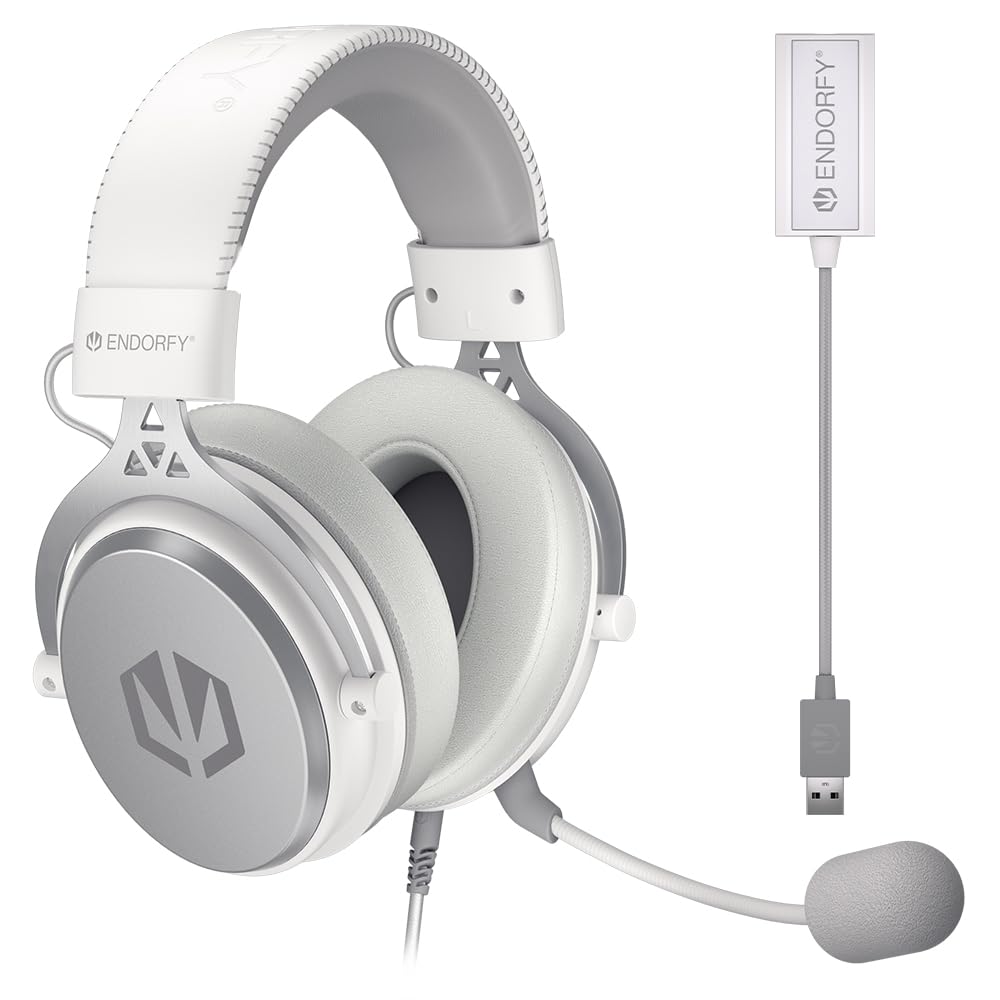 ENDORFY VIRO Plus USB Onyx White, Gaming Over-Ear-Kopfhörer, Abnehmbares Mikrofon, USB 7.1-Soundkarte, Austauschbare Stoffohrpolster, Abnehmbares Kabel, 53 mm Treiber
