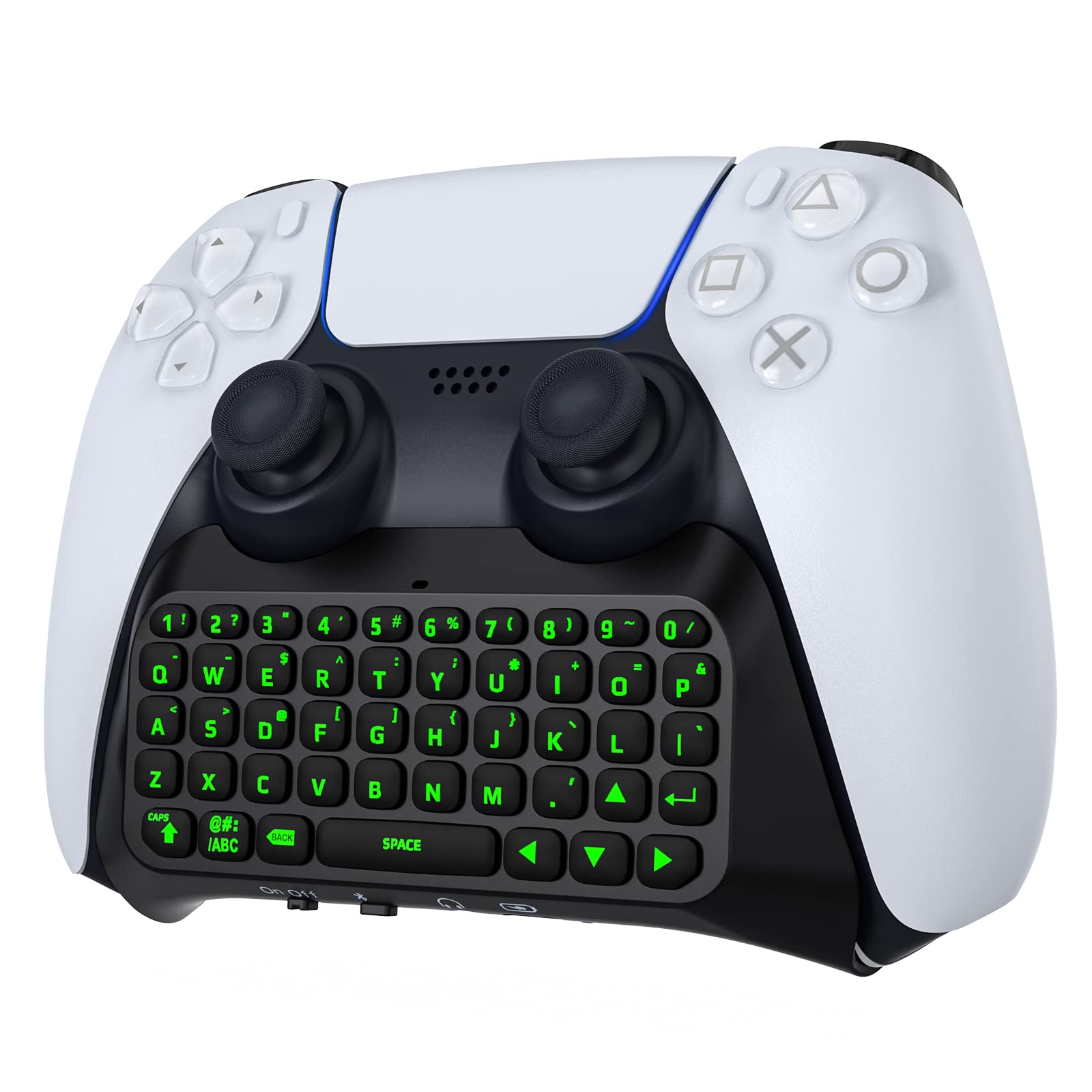 MoKo Grün Hinterlicht Tastatur für PS5 Controller, Kabellos PS5 Mini Tastatur Chatpad für Playstation 5 Controller, Integriert Tastaturlautsprecher mit 3,5 mm Buchse für Nachrichten & Chatten, Schwarz