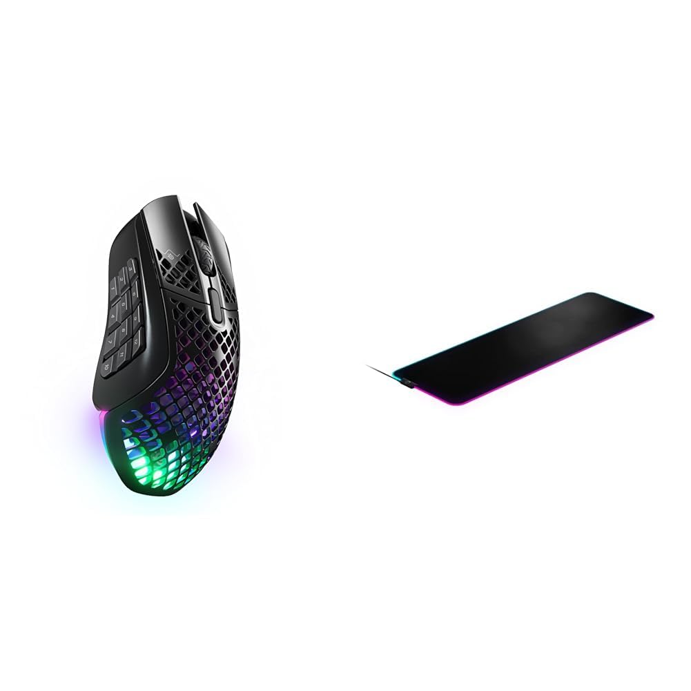 SteelSeries Aerox 9 Wireless Gaming-Maus – Ultraleicht für MMOs/MOBAs – 89 g Gewicht – 18 programmierbare Tasten – Bluetooth/2,4 GHz & QcK Prism Cloth XL - Gaming Mauspad – Größe XL
