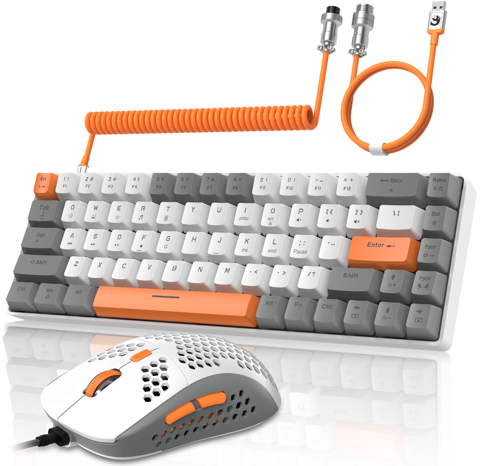 YINDIAO T8 60% RGB Gaming Tastatur und Maus Set + Gewendeltes USB-C Kabel,Kabelgebundene Mechanische Tastatur,68 Tasten TKL Compact Layout,Maus mit Wabenstruktur,Bis zu 6400DPI,für PC PS5 -Hellgrau