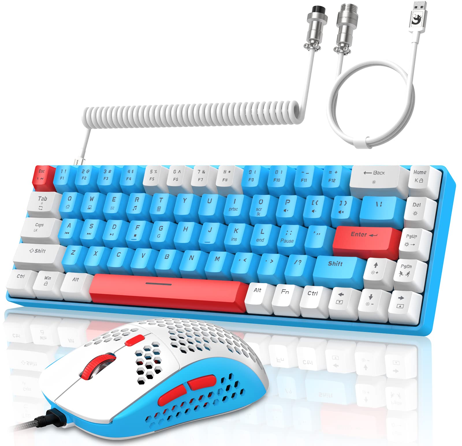 YINDIAO T8 60% RGB Gaming Tastatur und Maus Set + Gewendeltes USB-C Kabel,Kabelgebundene Mechanische Tastatur,68 Tasten TKL Compact Layout,Maus mit Wabenstruktur,Bis zu 6400DPI,für PC MAC PS5 -Blau