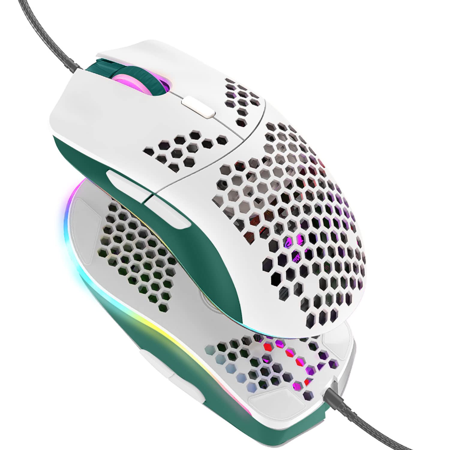 Kabelgebundene Gaming-Maus, leichte 69-G-Maus mit Wabenschale und 6400 DPI, programmierbare USB-Gaming-Mäuse mit 6 Tasten, für PC-Gamer und Xbox- und PS4-Benutzer - Grün-Weiß-Mix