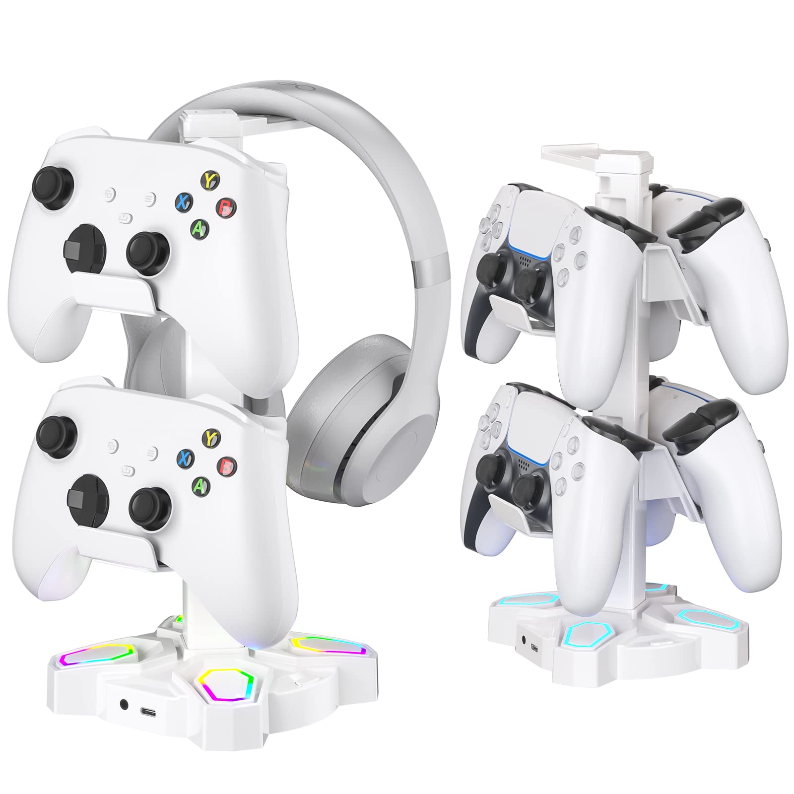 KDD Gaming Headset Halterung LED mit USB Typ-C Ladegeräten, Universal Kopfhörer Halter & Controller Halter mit 9 Lichtmodi, Drehbare Headset Ständer mit 3,5mm AUX für Alle Kopfhörer PS4 Xbox (Weiß)