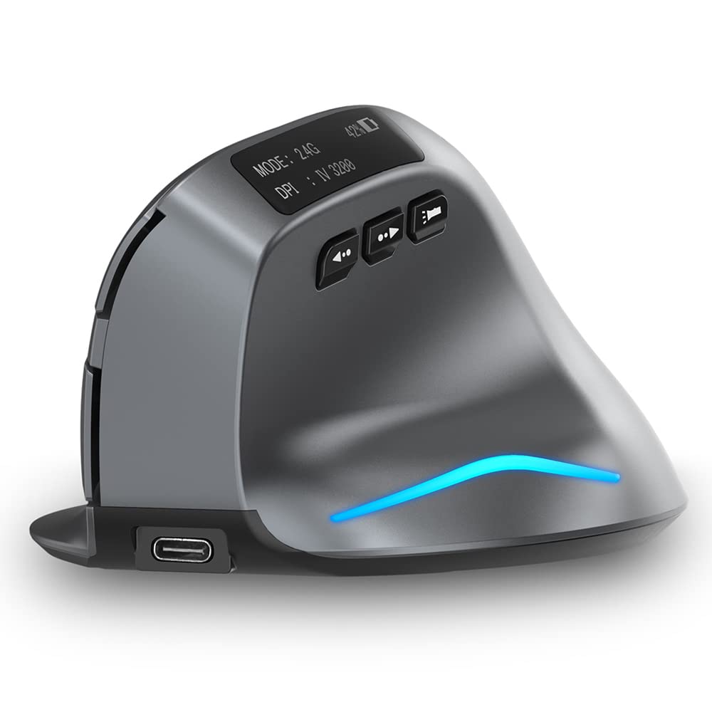 zelotes Bluetooth Kabellose Maus mit Display,Wiederaufladbar,BT 5.0/3.0 + 2.4G,3200DPI,7 Tasten,USB Optische Ergonomische Vertikale Maus Kabellos,Funkmaus für Laptop,PC,Tablets,Schwarz