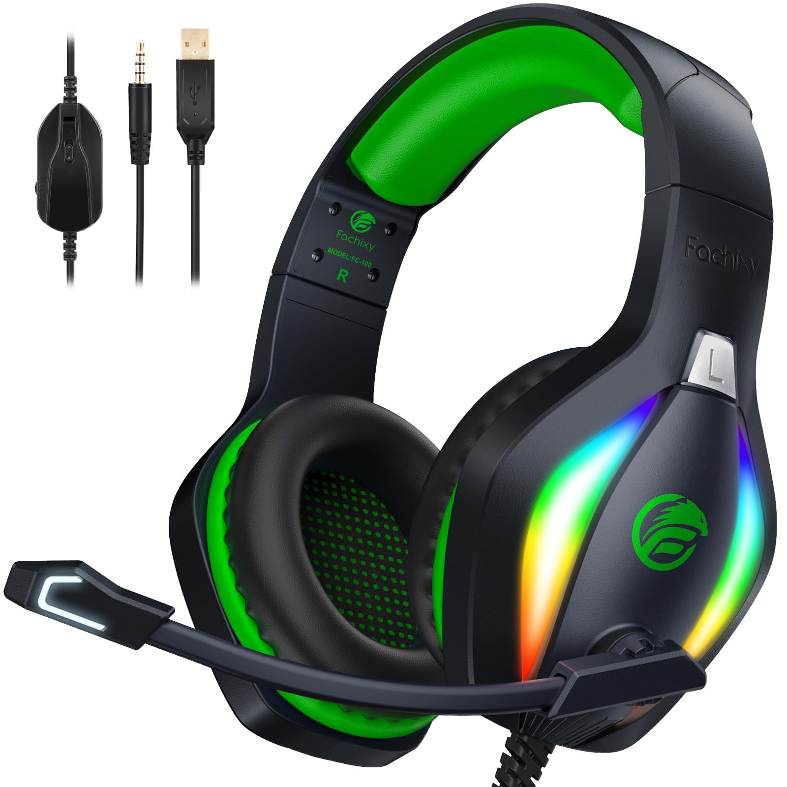 Fachixy FC100 Gaming Headset für PS4, PS5, PC, Xbox, Nintendo Switch, Gaming Kopfhörer mit Kabel und RGB Licht, Stereo Surround Kopfhörer mit Mikrofon, Noise Cancelling Gamer Headphones - GRÜN