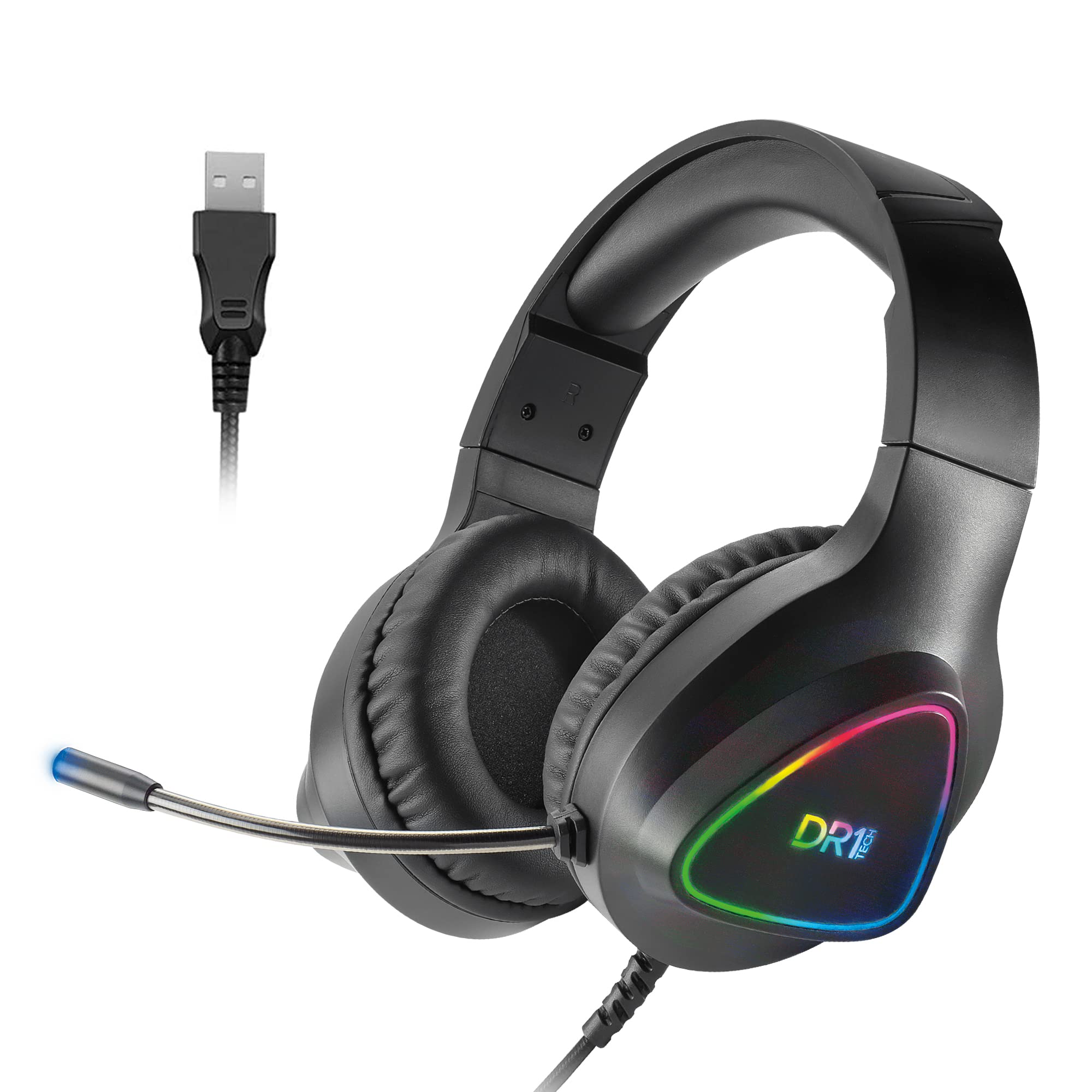 DR1TECH GrayEagle+ Professional Gaming LED RGB Kopfhörer Für PC Mit USB Kabel Und Mikrofon - 7.1 Surround Sound New GEN - 50mm Over Ear Kopfhörer Treiber (Full Immersion)