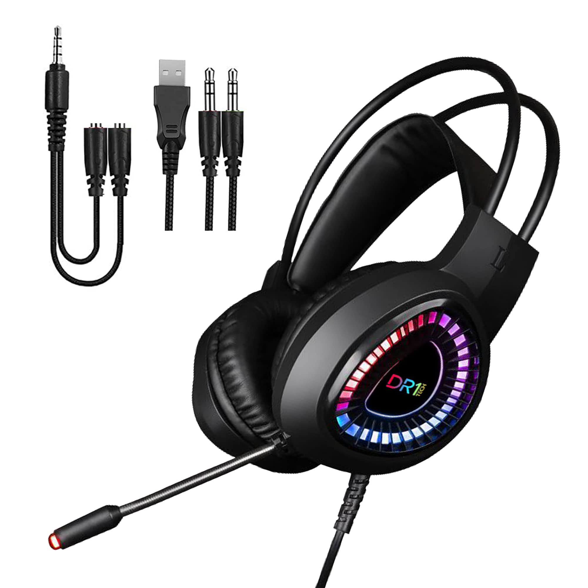 DR1TECH FireScout+ LED Kopfhörer Mit Kabel Und Mikrofon Für PC/PS/Xbox - 40mm Over Ear Kopfhörer Treiber mit Audio Stereo - 3.5mm Klinkenstecker und USB + Adapter Enthalten