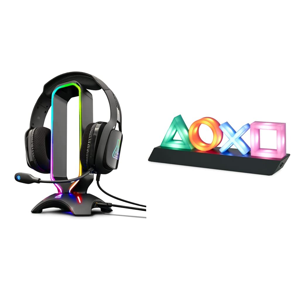 THE G-LAB K-Stand Radon Gaming Kopfhörer Stander - RGB-Hintergrundbeleuchtung, USB-Hub 2 x 2,0, rutschfeste Basis & Paladone PlayStation Icons Light mit 3 Lichtmodi 31 x 7 x 11 cm