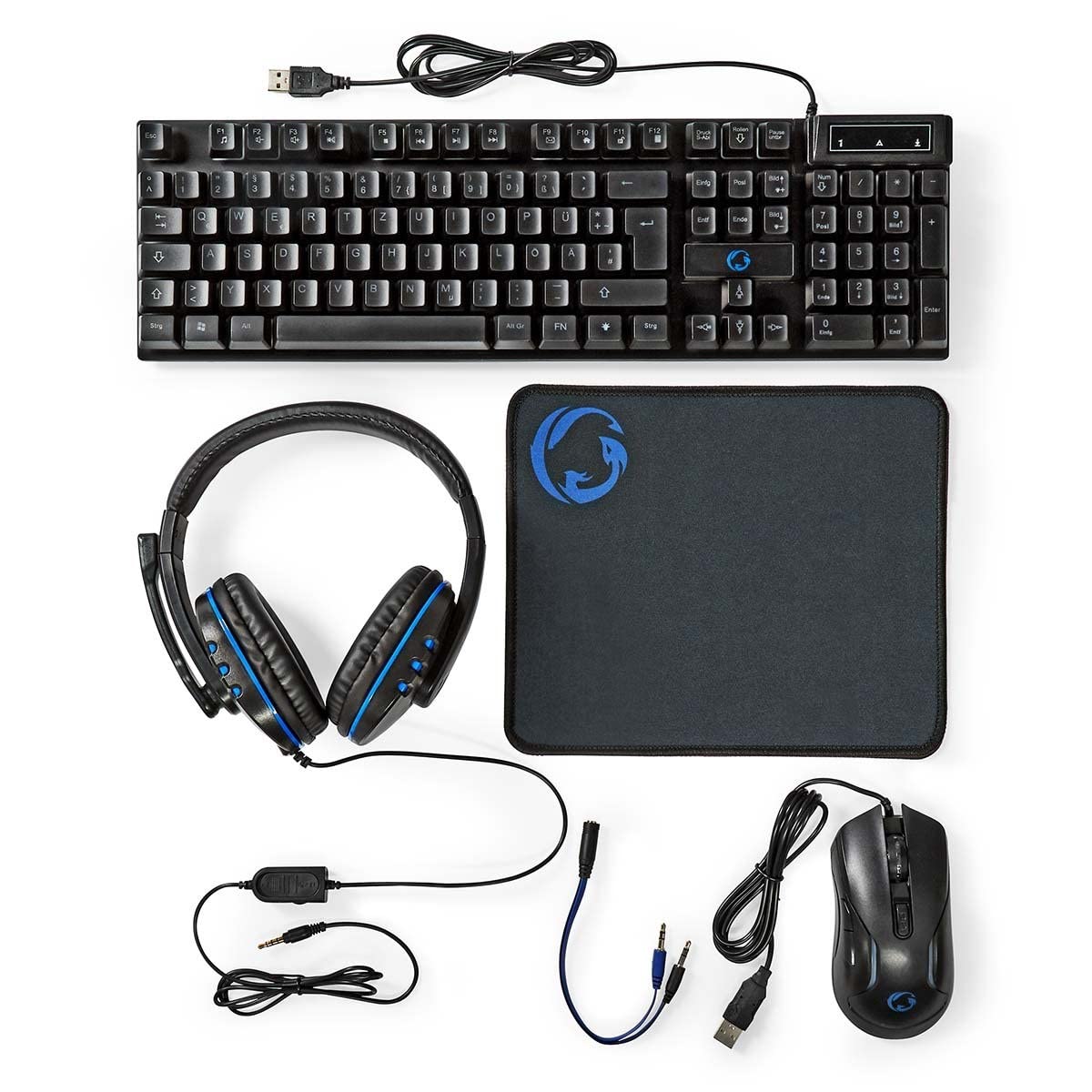NEDIS Gaming Combo Kit - 5-in-1 - Tastatur, Headset, Maus und Mauspad - Schwarz - QWERTZ - DE-Layout