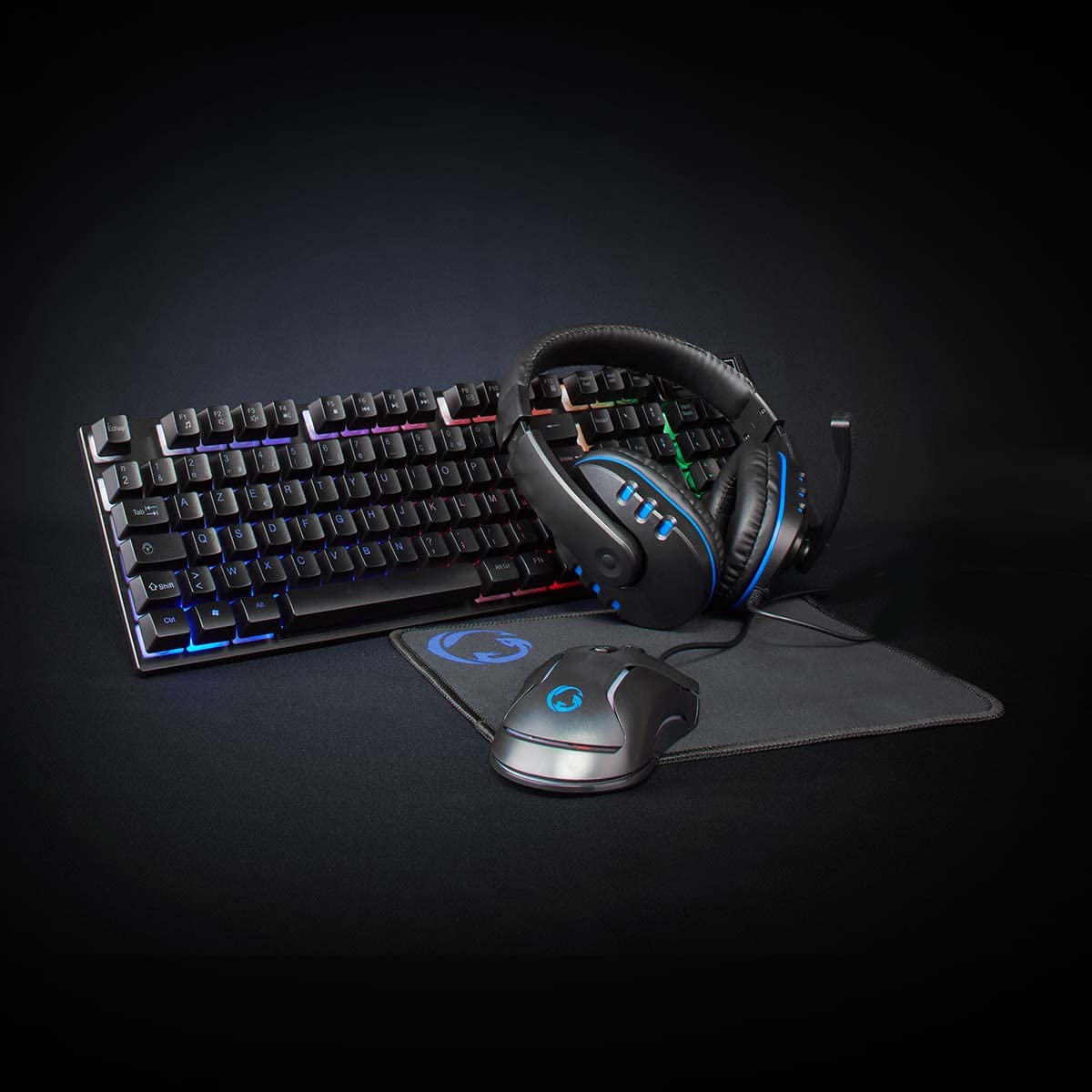 NEDIS Gaming Combo Kit - 5-in-1 - Tastatur, Headset, Maus und Mauspad - Schwarz - AZERTY - FR-Layout