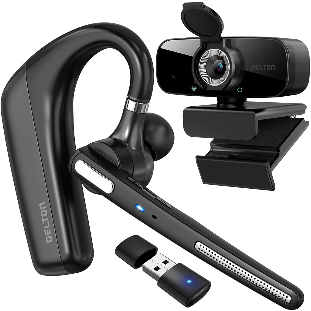 Delton Kabelloses Headset mit 1080p Webcam, Einohr-Bluetooth-Computer-Headset mit Ladehülle, Mikrofon mit Geräuschunterdrückung, USB-Dongle für PC/Laptop/Smartphone, kompatibel mit allen Meeting-Apps