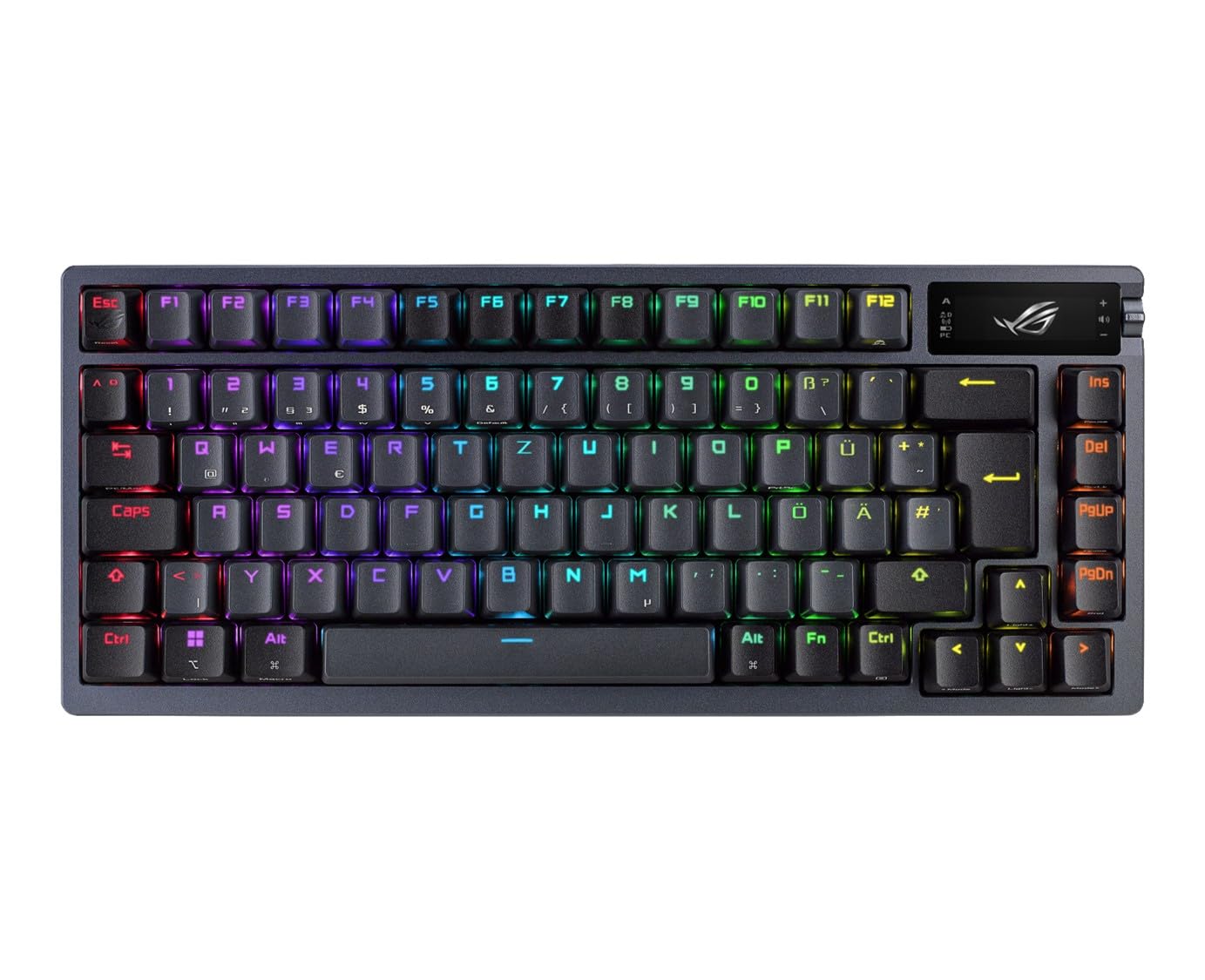 ASUS ROG Azoth kabellose mechanische Gaming Tastatur (75% Formfaktor, NX-Switches, PBT-Doubleshot-Tastenkappen, OLED-Display, Bluetooth, 2,4-GHz-RF Wireless, USB, DE QWERTZ-Layout) schwarz