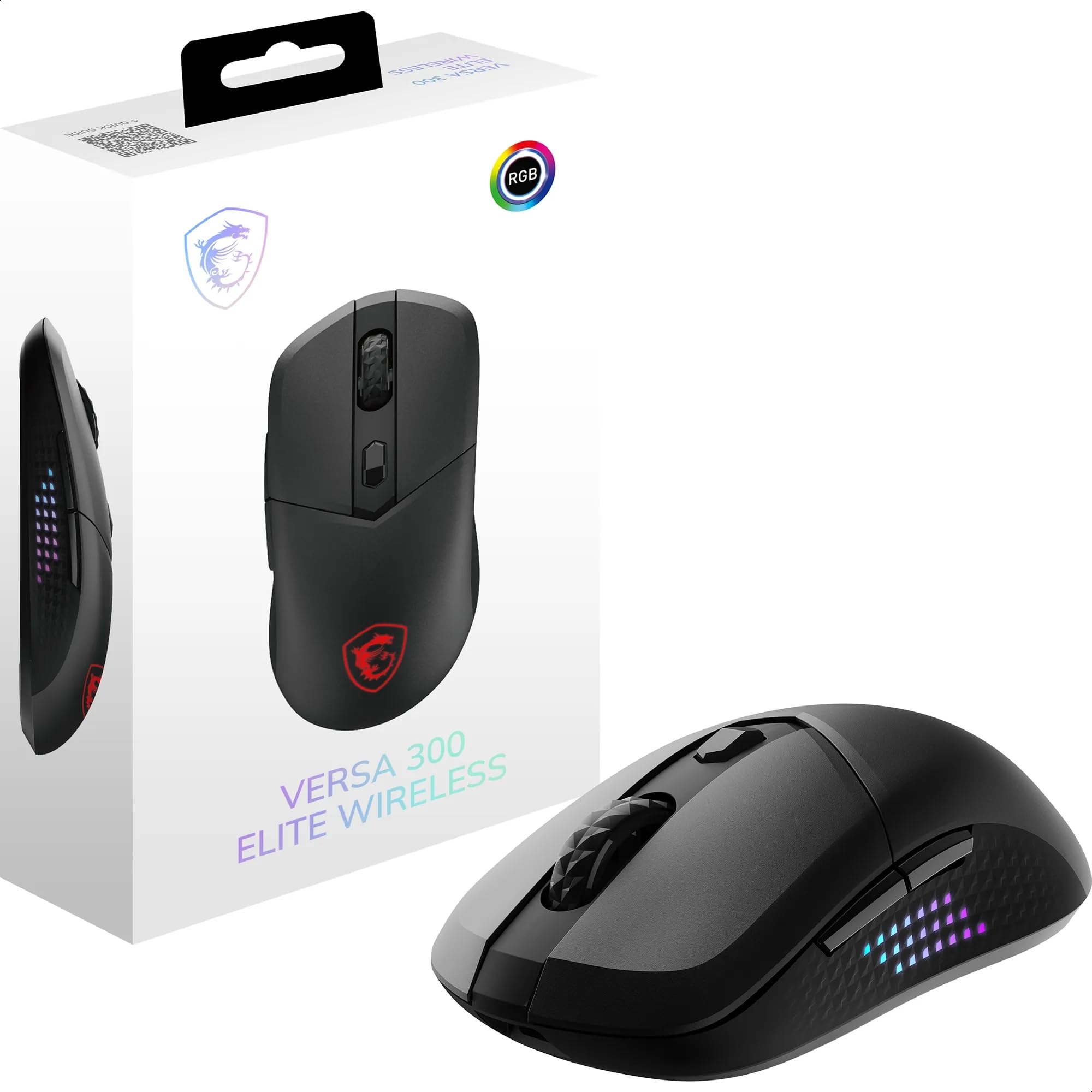 MSI Versa 300 Elite Wireless Gaming-Maus – 26.000 DPI-Optosensor, 1000 Hz Polling-Rate, symmetrisch, 60 Mio. klick-OMRON-Schalter, 200-Stunden-Batterie, 1 ms Latenz, RGB, 65 g – verkabelt/kabellos