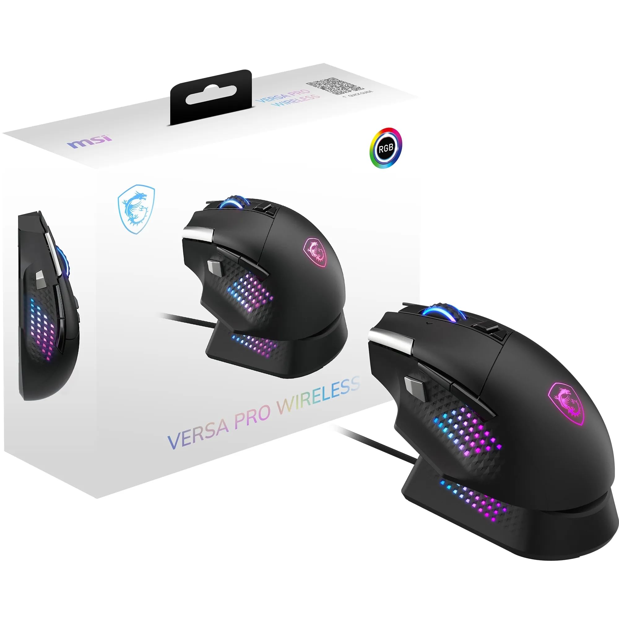 MSI Versa PRO Wireless + Mouse Dock PRO Gaming-Maus – Ladestation, 26000 DPI optischer Sensor, für Rechtshänder, 70 Millionen Klicks, 80 Stunden Akkulaufzeit, 97 g – kabelgebunden/kabellos