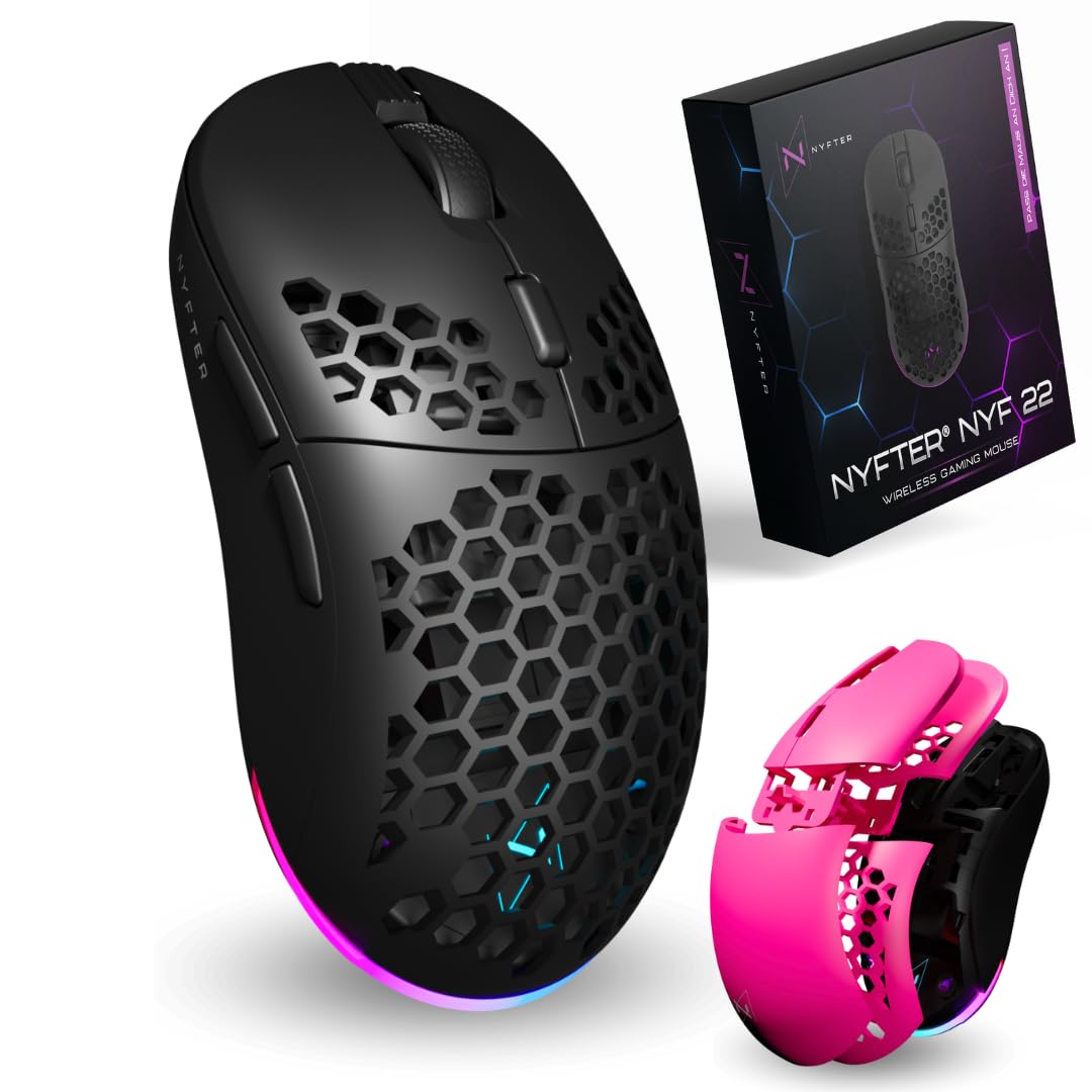 Nyfter - NYF22 Wireless Gaming Mouse Ultraleicht 75g leistungsstark mit 400mA 19K DPI, 400 IPS 1000 hz 50h Akkulaufzeit langlebig Zwei wechselbare Cases inkl.