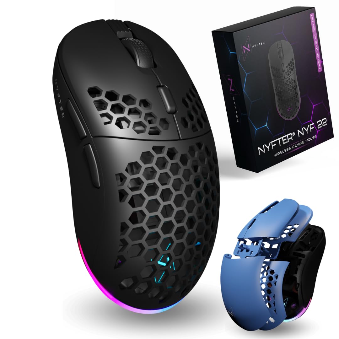 Nyfter - NYF22 Wireless Gaming Mouse Ultraleicht 75g leistungsstark mit 400mA 19K DPI, 400 IPS 1000 hz 50h Akkulaufzeit langlebig Zwei wechselbare Cases inkl.