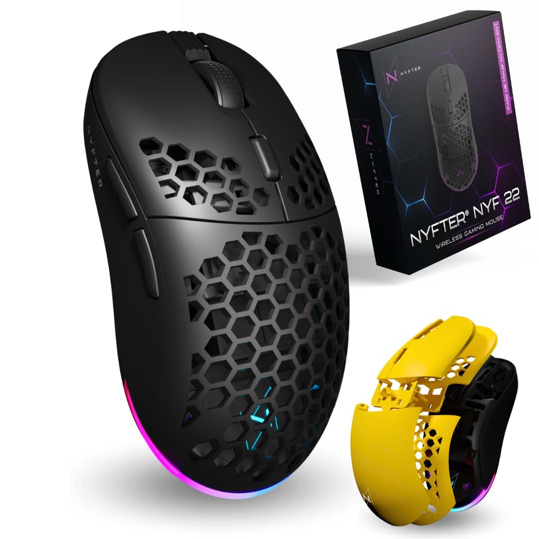 Nyfter - NYF22 Wireless Gaming Mouse Ultraleicht 75g leistungsstark mit 400mA 19K DPI, 400 IPS 1000 hz 50h Akkulaufzeit langlebig Zwei wechselbare Cases inkl.