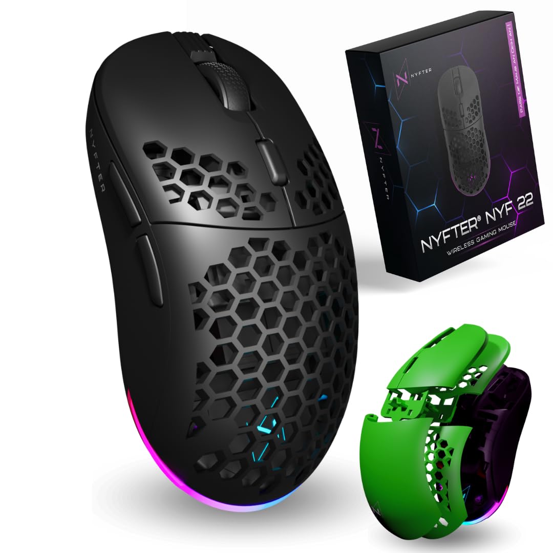 Nyfter - NYF22 Wireless Gaming Mouse Ultraleicht 75g leistungsstark mit 400mA 19K DPI, 400 IPS 1000 hz 50h Akkulaufzeit langlebig Zwei wechselbare Cases inkl.