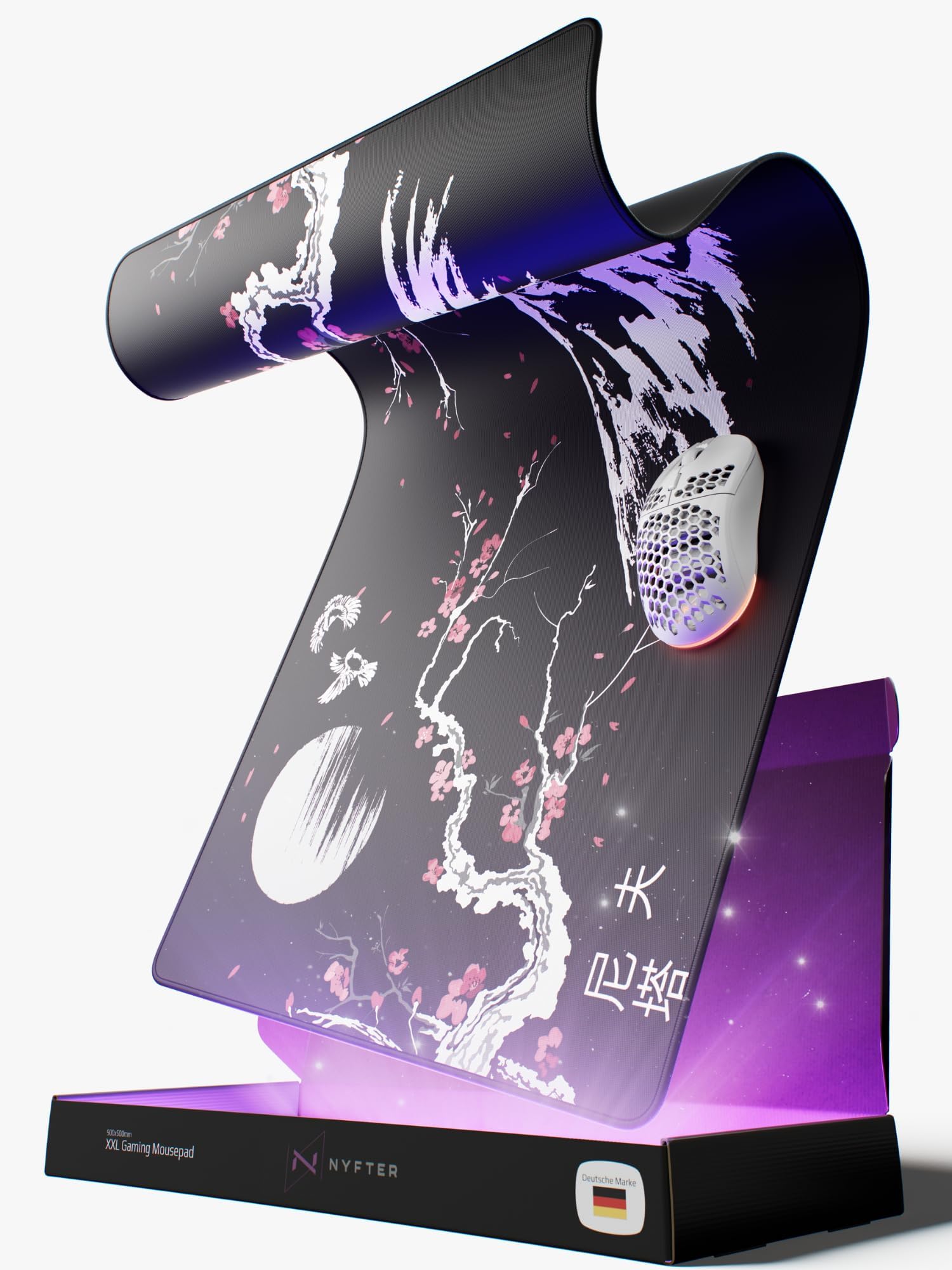 Nyfter - XXL Gaming Mauspad Sakura Weiß 900 x 500mm Premium Fuji Mousepad Size Groß vernähte Kanten langlebig mit high-end Glide und Anti-Rutsch